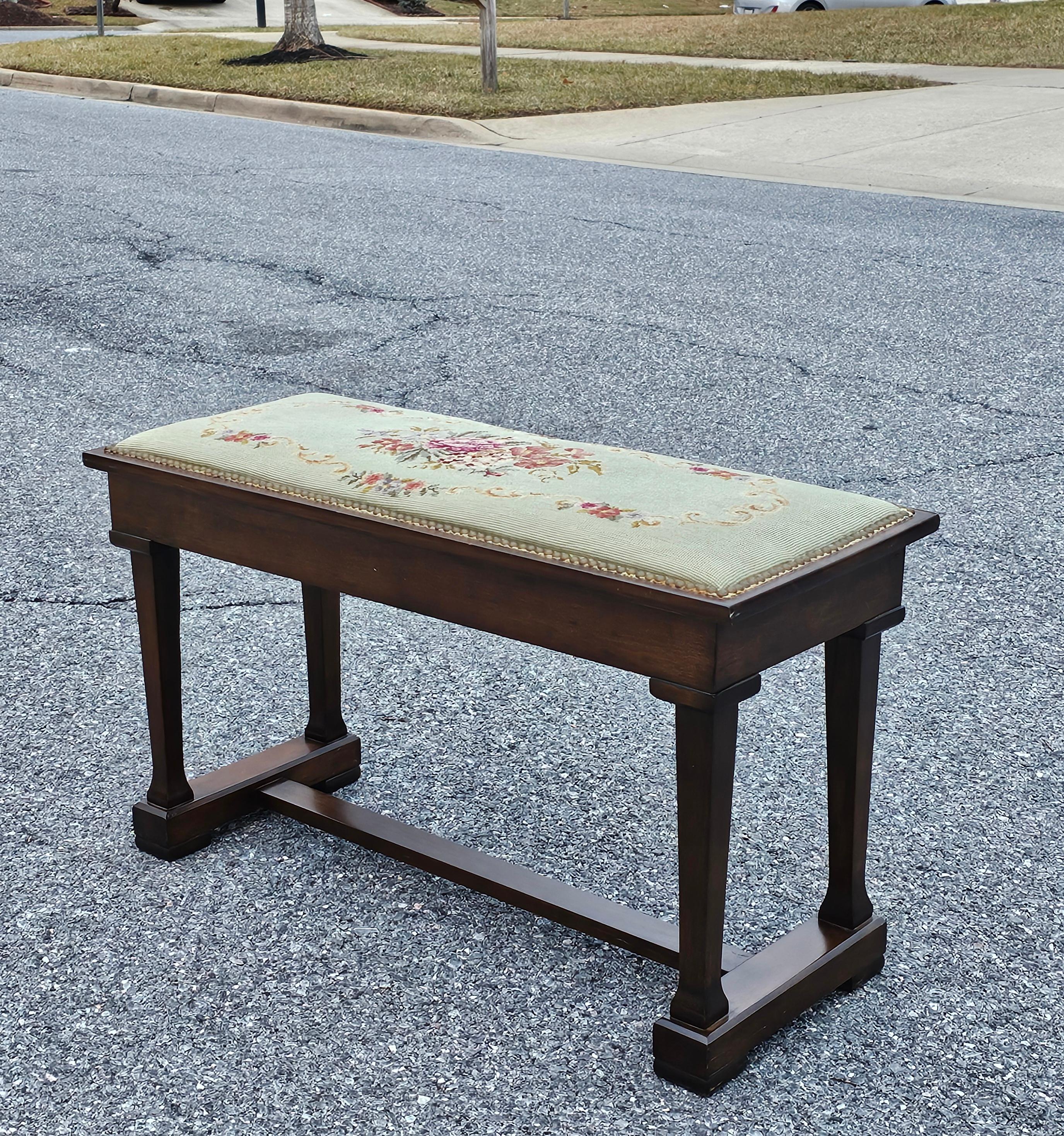 Mid 20th Century Walnut NailHead Trims and Needlepoint Upholstered Trestle Bench For Sale 2