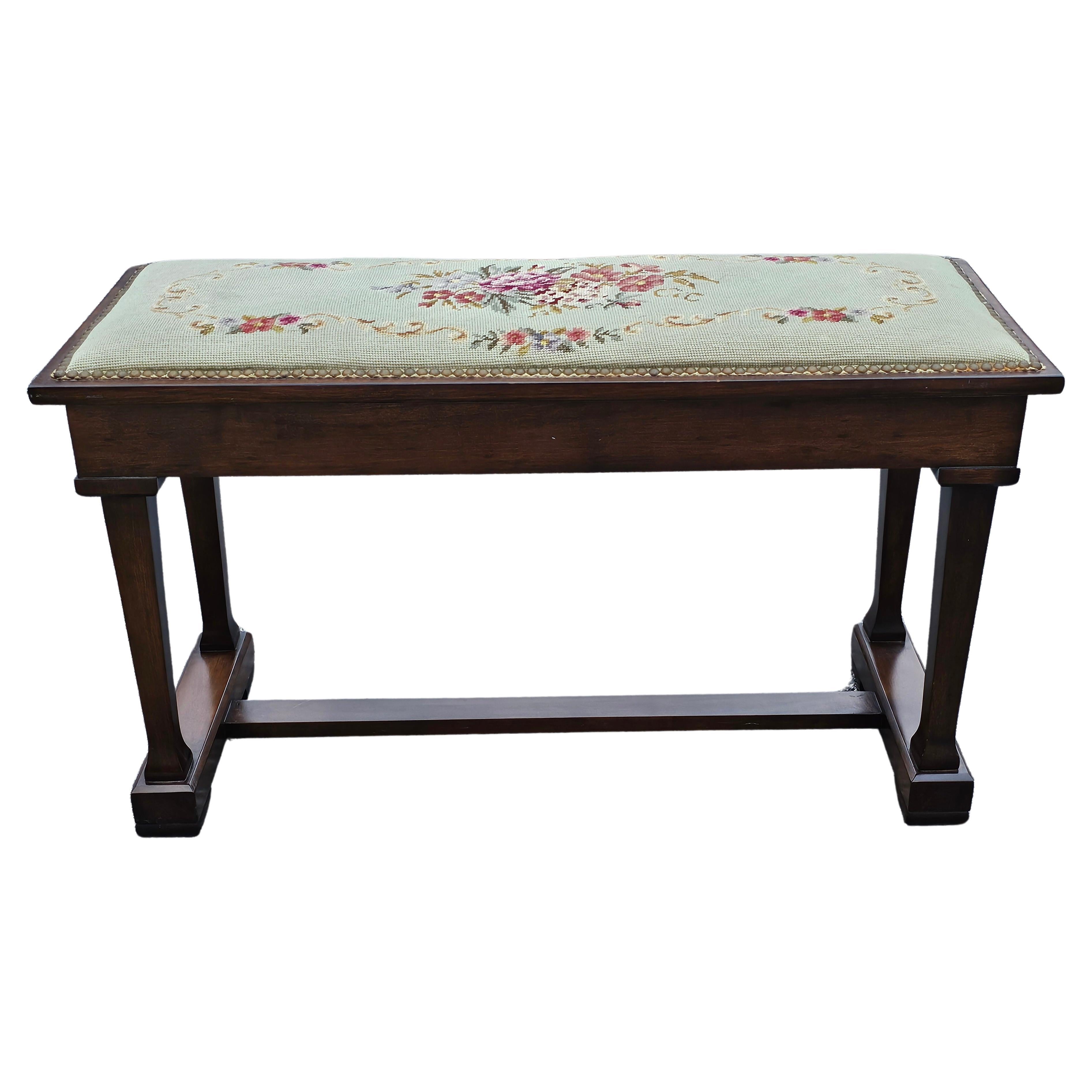 Mid 20th Century Walnut NailHead Trims and Needlepoint Upholstered Trestle Bench For Sale