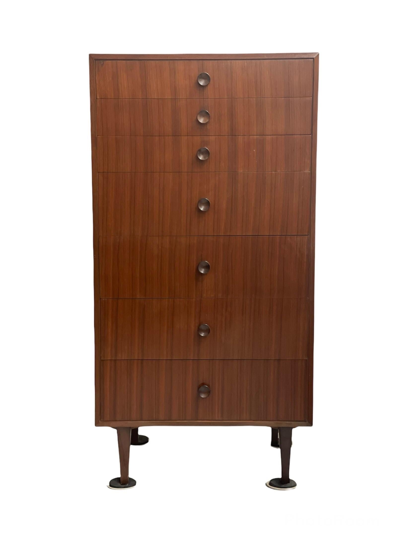 Mid 20th Century Walnut Seven Drawer Tallboy Dresser Lingerie Chest In Good Condition For Sale In Seattle, WA