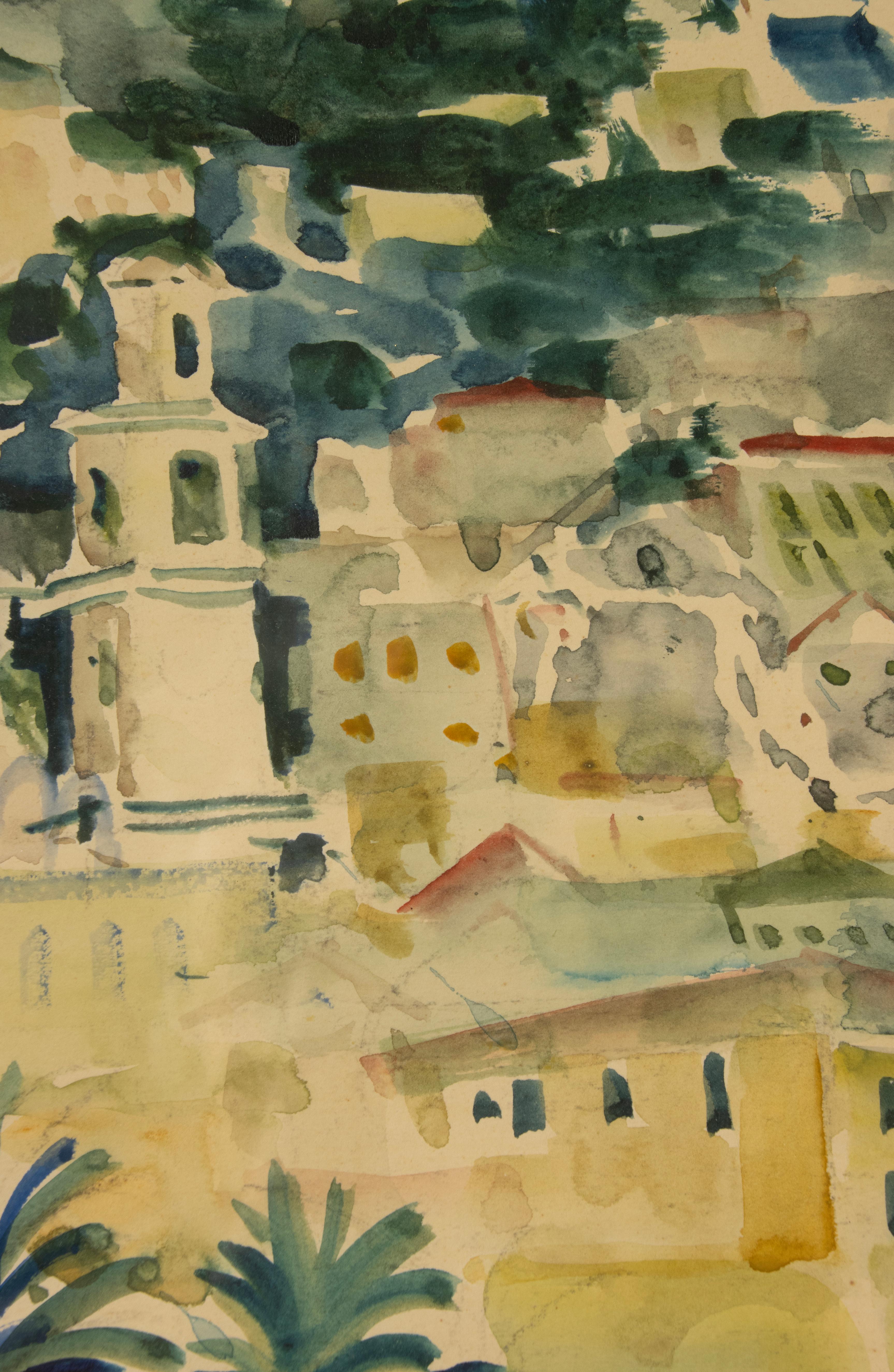 Mid-20th Century Watercolour Painting - Albert Saverys - Mediterranean View im Angebot 7