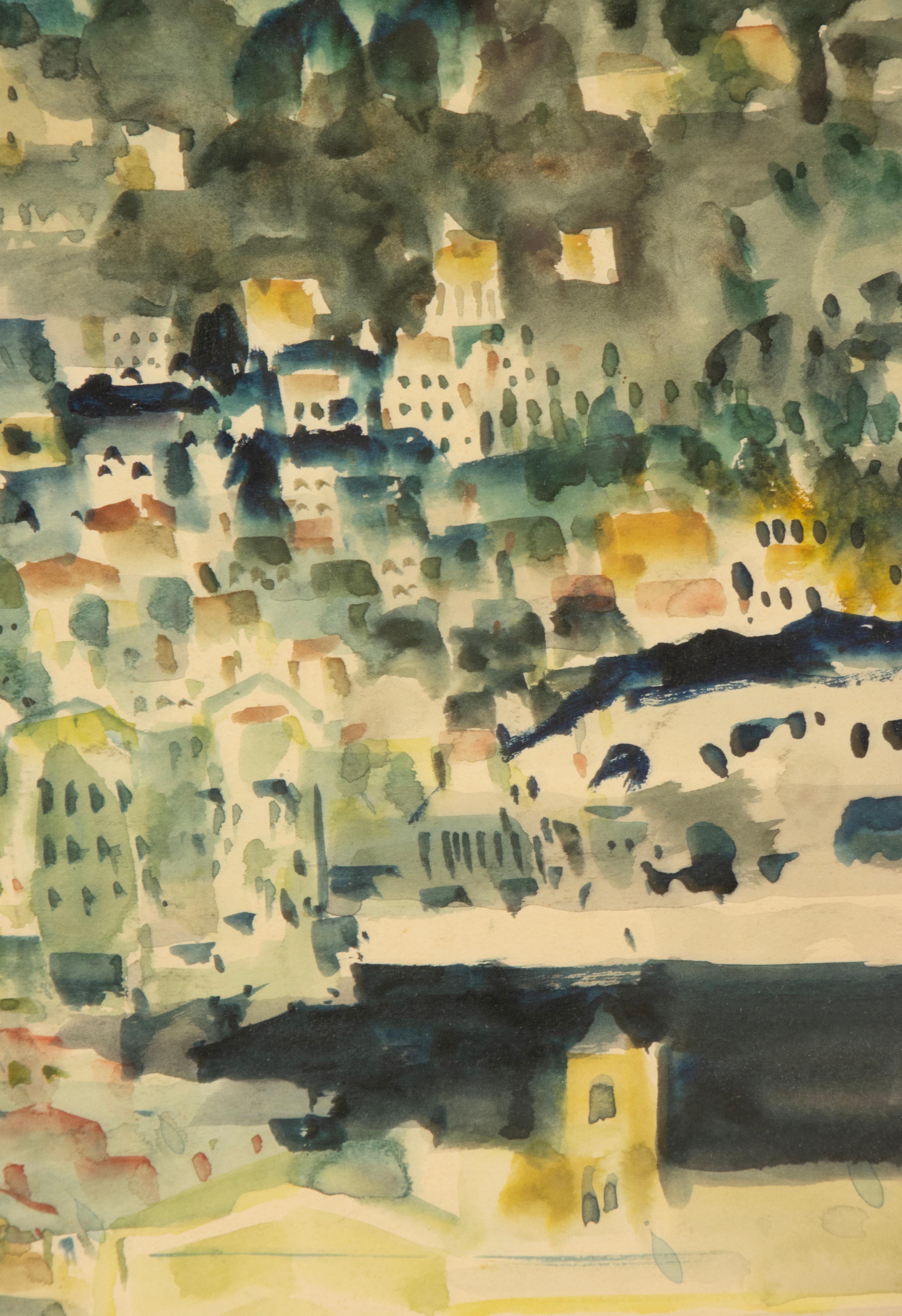 Mid-20th Century Watercolour Painting - Albert Saverys - Mediterranean View im Angebot 9