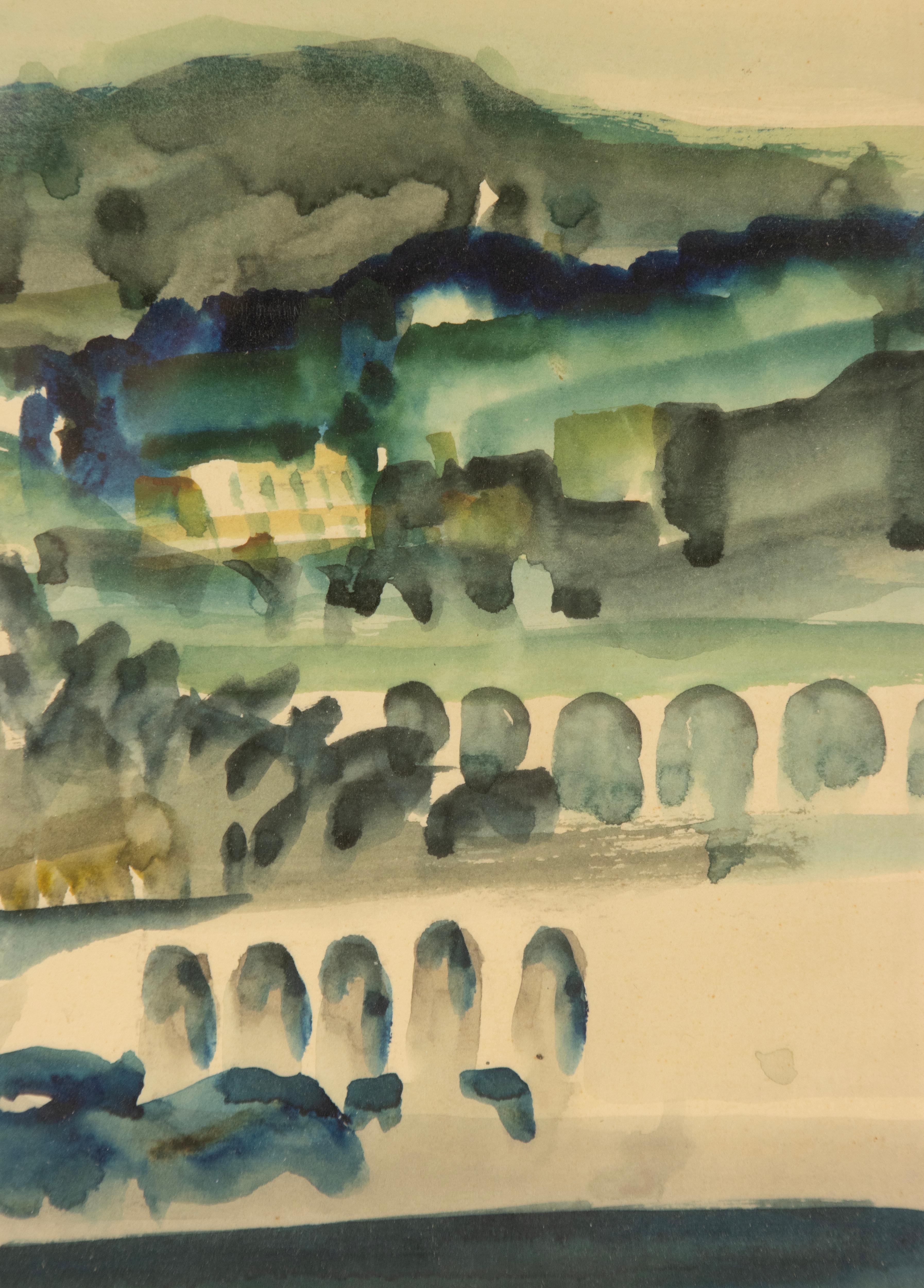 Mid-20th Century Watercolour Painting - Albert Saverys - Mediterranean View im Angebot 10