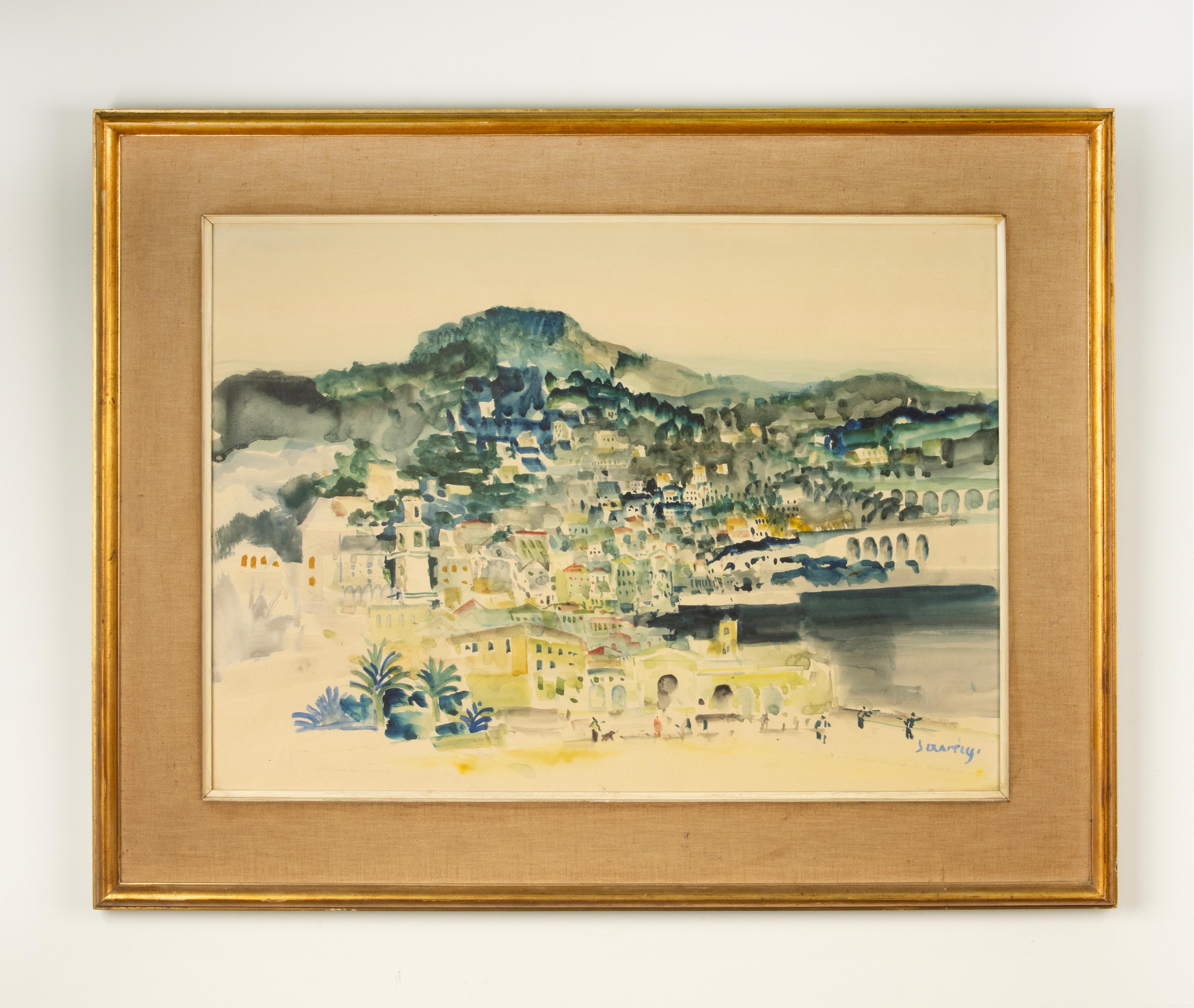 This atmospheric watercolour by Albert Saverys depicts what appears to be a Mediterranean hillside town, rendered in a harmonious palette of blues, greens and warm yellow tones. The loose yet confident brushwork and soft transitions of colour create