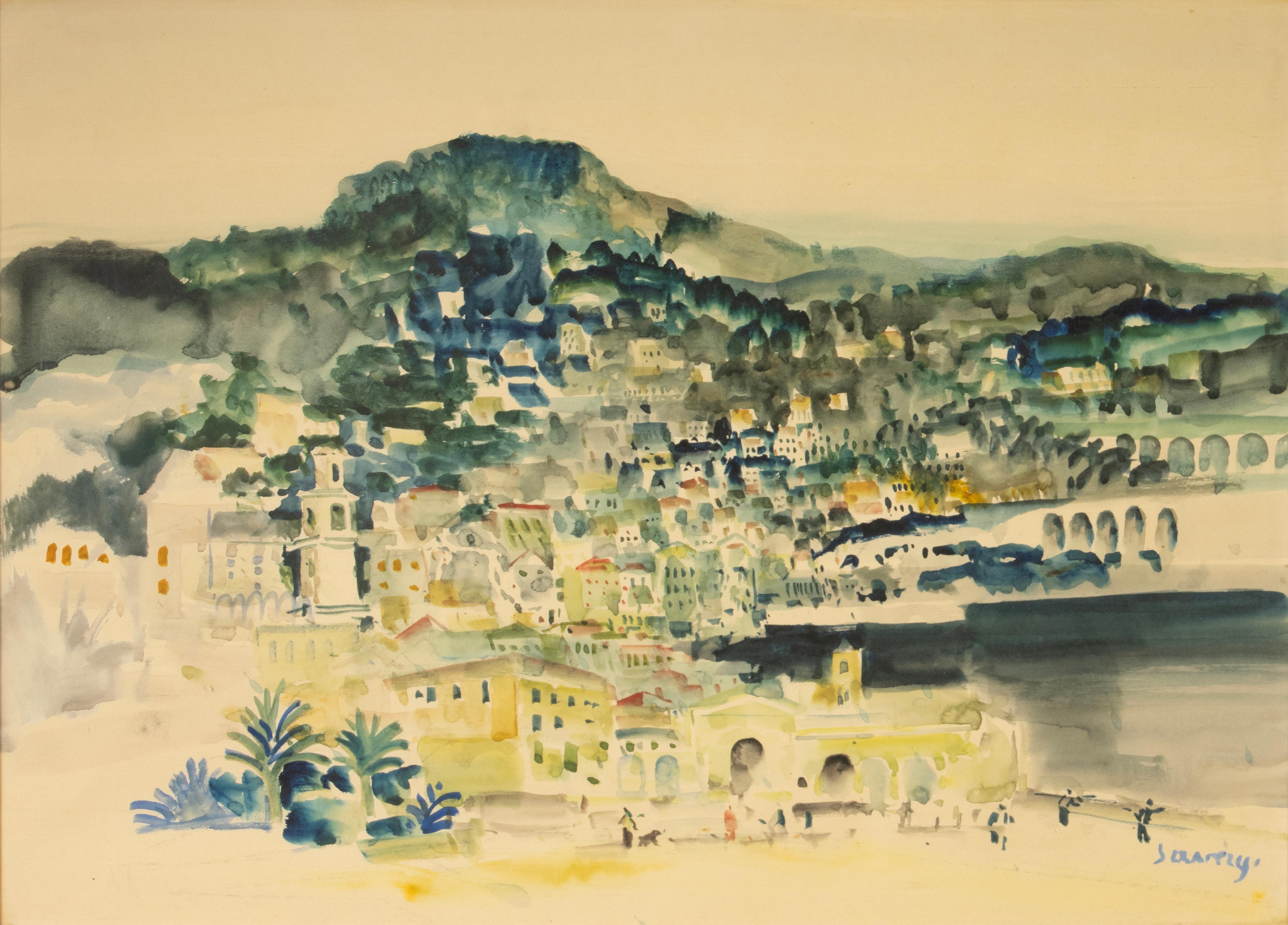 Mid-20th Century Watercolour Painting - Albert Saverys - Mediterranean View im Zustand „Gut“ im Angebot in Casteren, Noord-Brabant