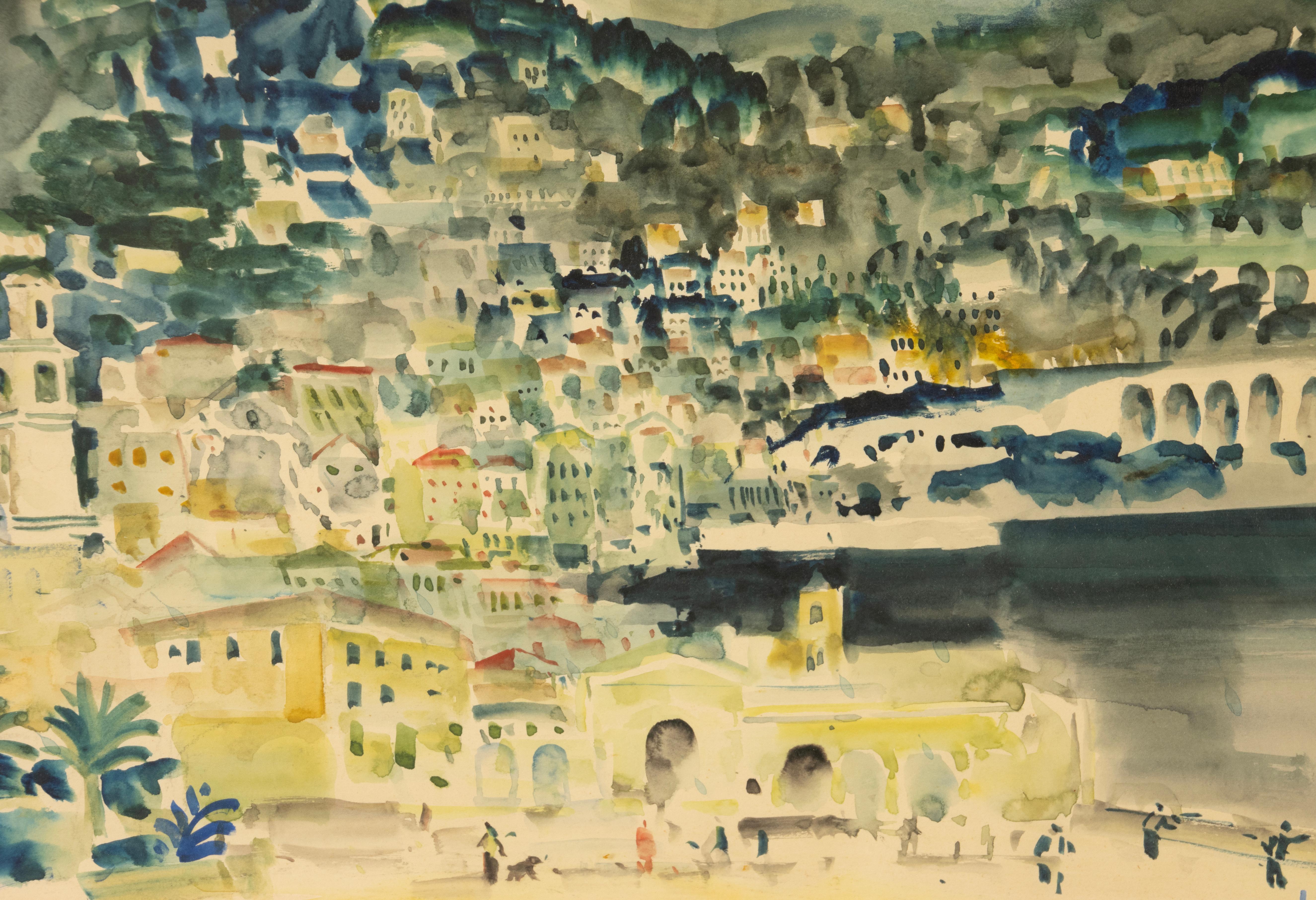 Mid-20th Century Watercolour Painting - Albert Saverys - Mediterranean View (Papier) im Angebot
