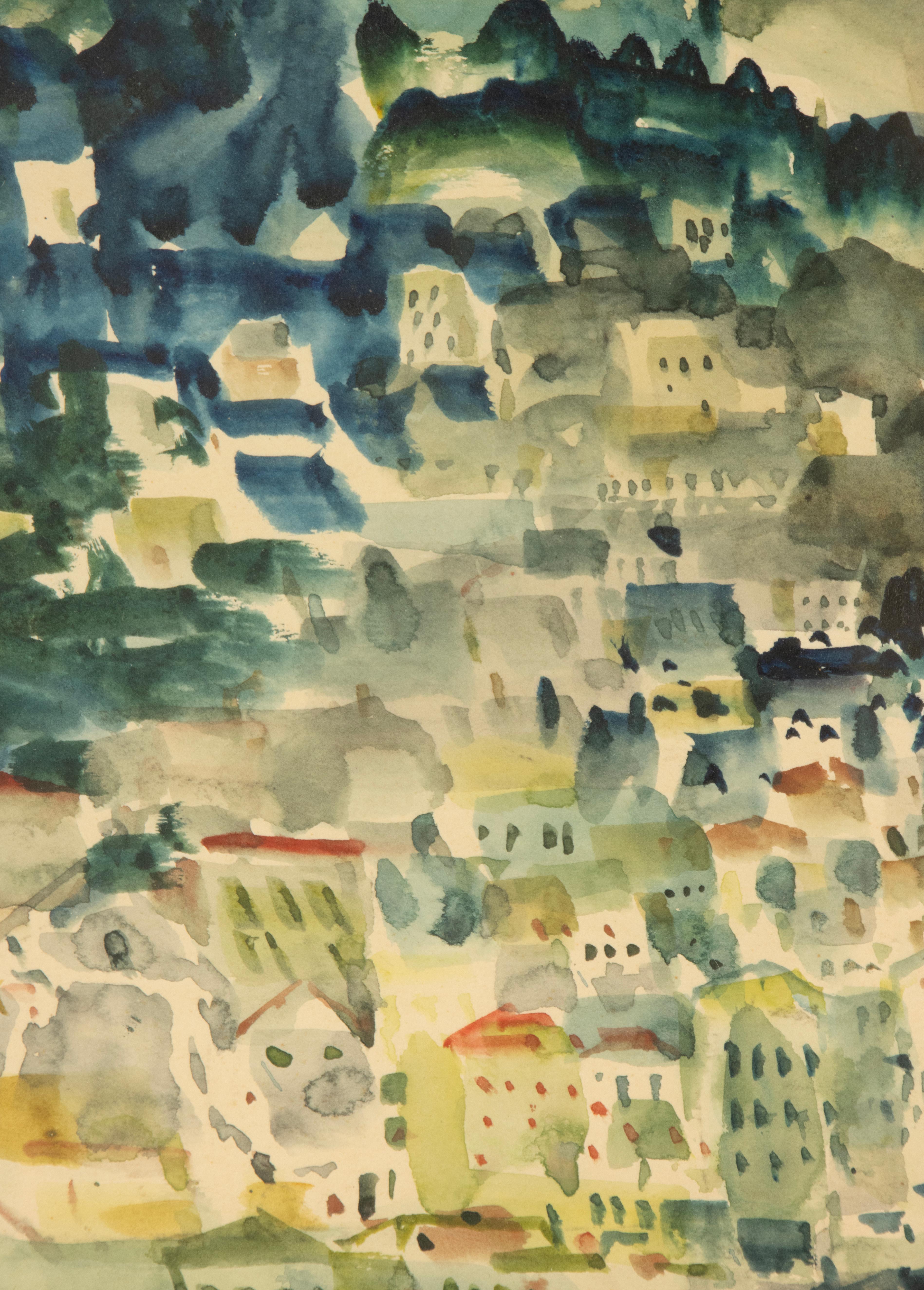 Mid-20th Century Watercolour Painting - Albert Saverys - Mediterranean View im Angebot 3