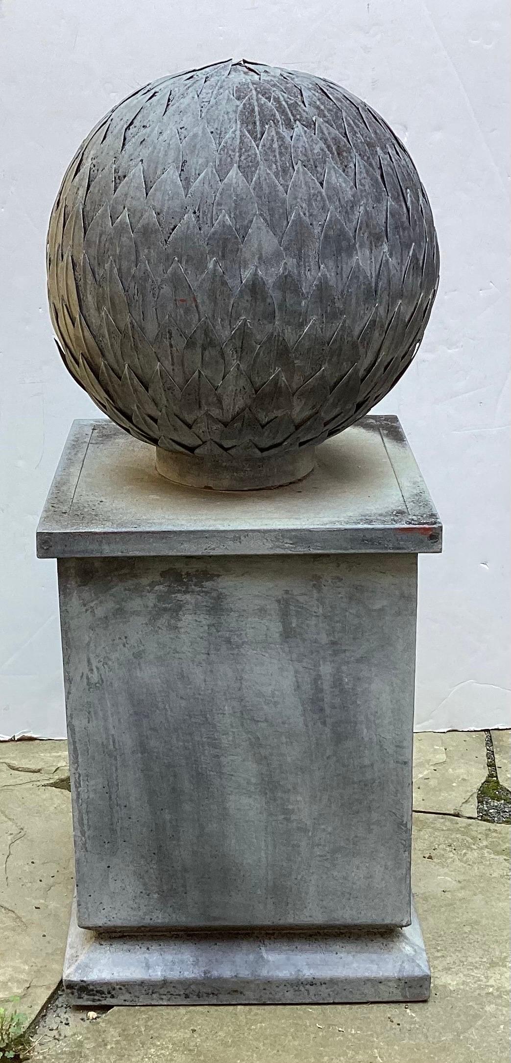 American Mid 20th Century Weathered Zinc Orb on Square Base  For Sale