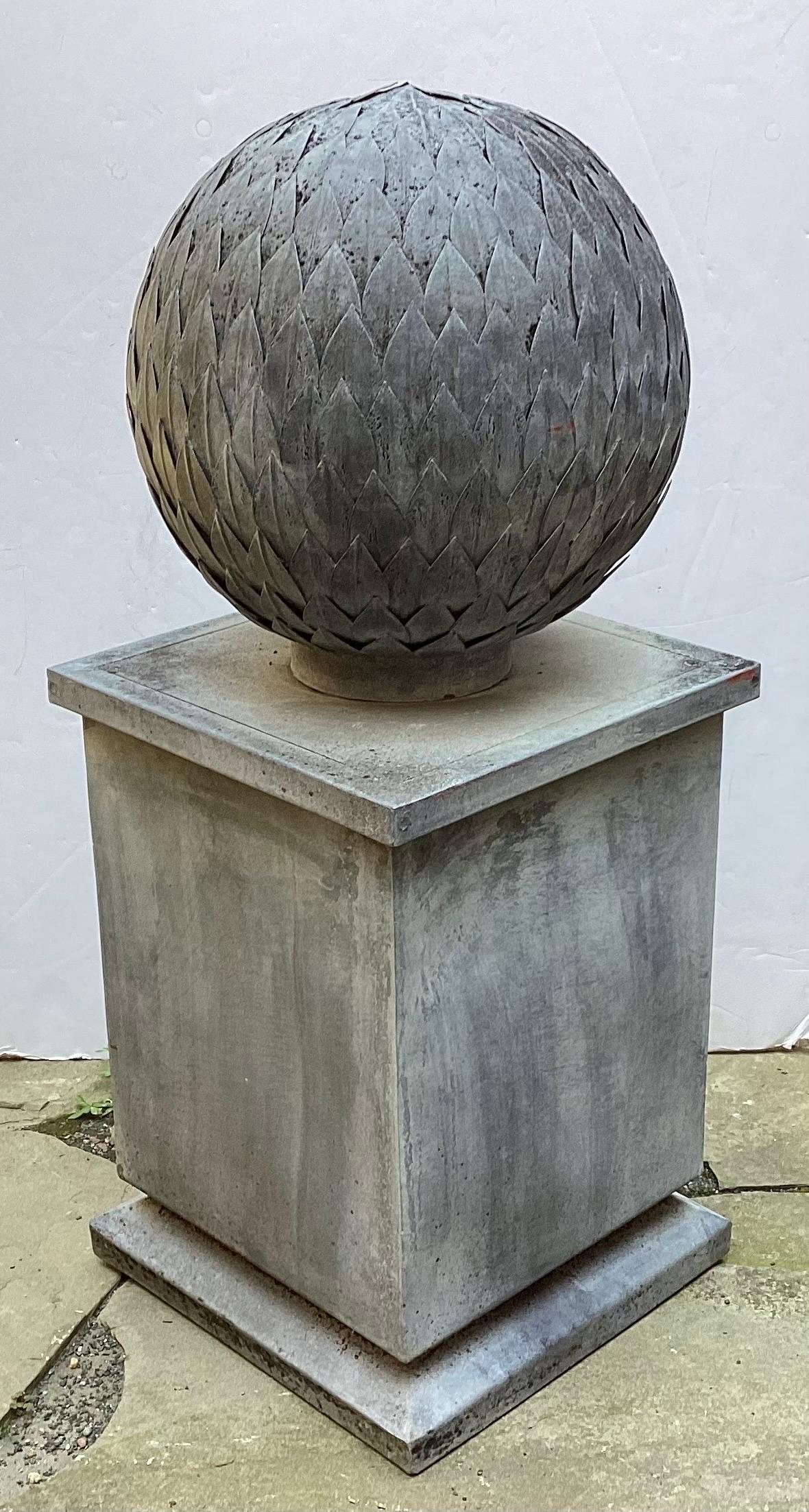 Patinated Mid 20th Century Weathered Zinc Orb on Square Base  For Sale