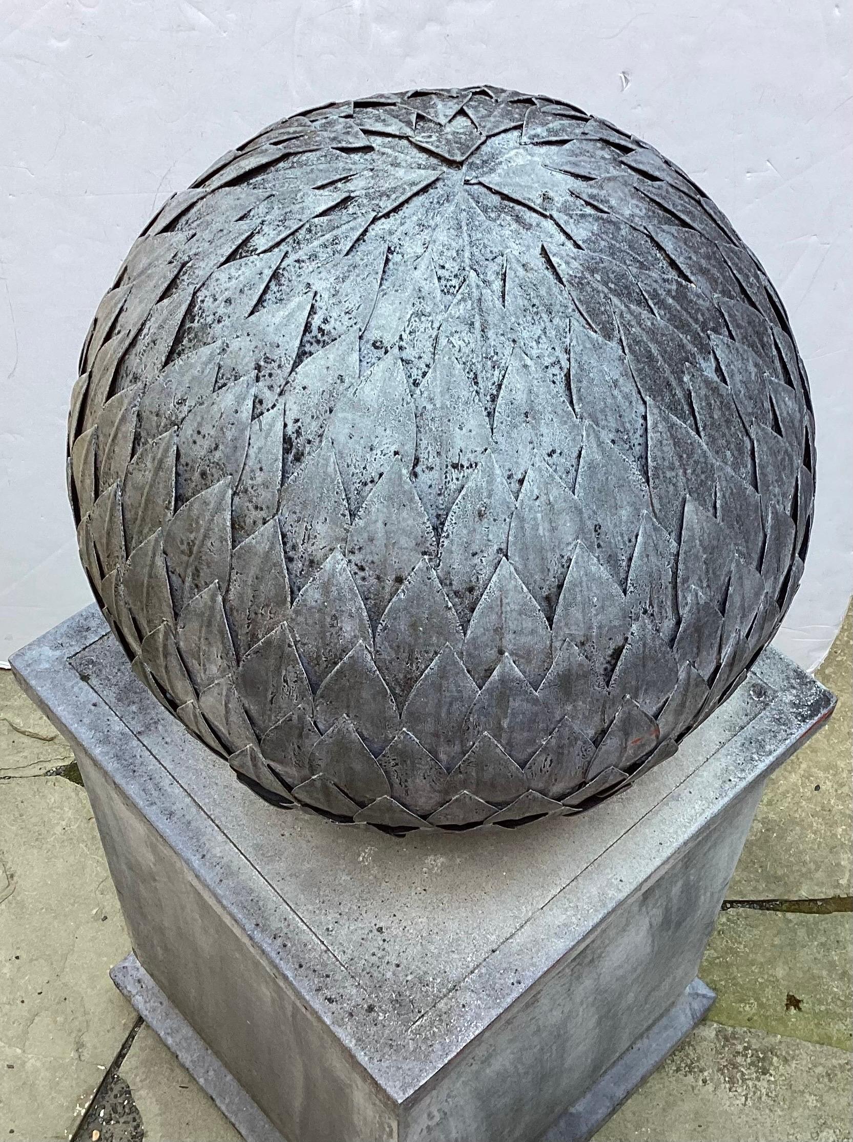 Mid 20th Century Weathered Zinc Orb on Square Base  In Good Condition For Sale In Lambertville, NJ