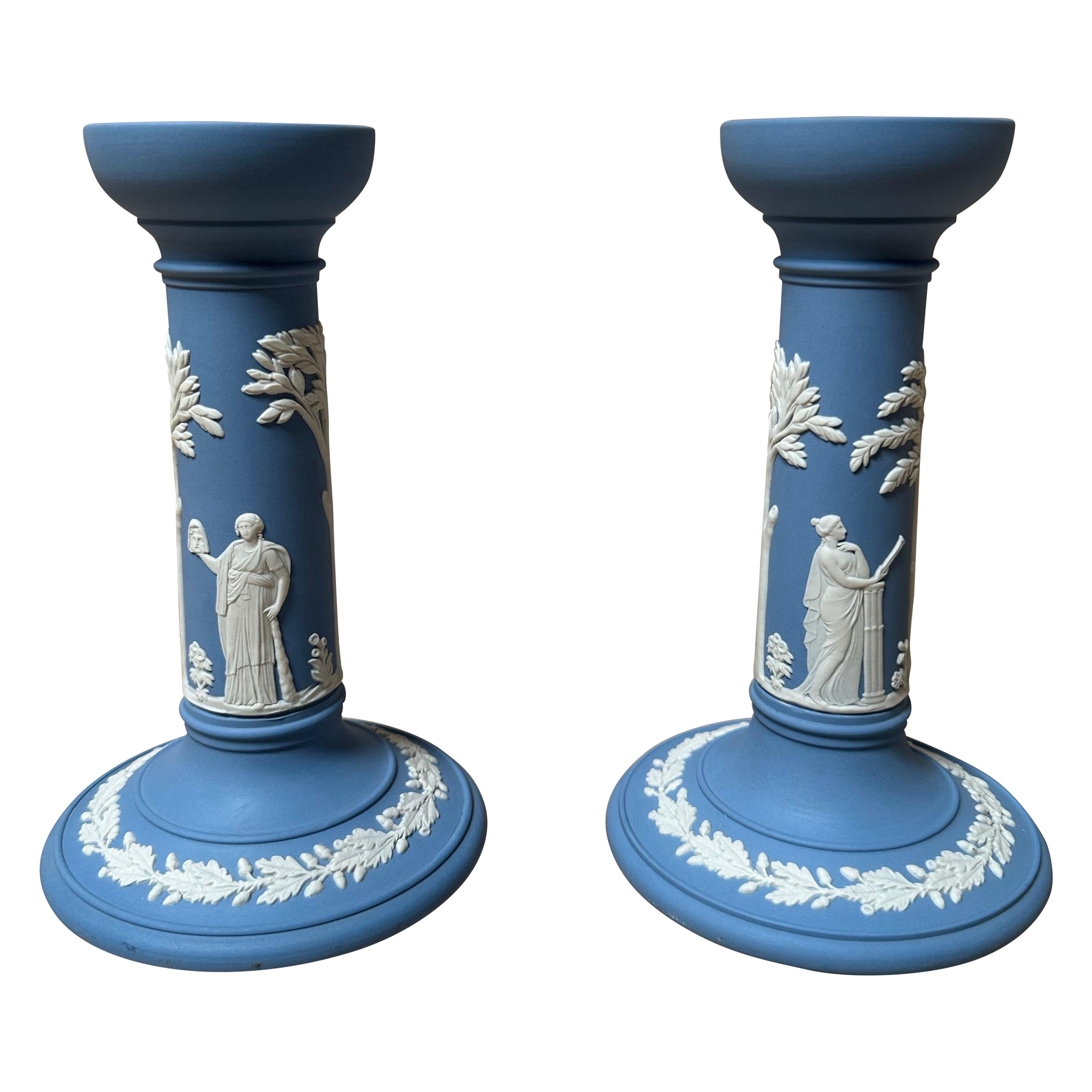 Mid-20th Century Wedgwood Blue and White Jasperware Neoclassical Candlesticks