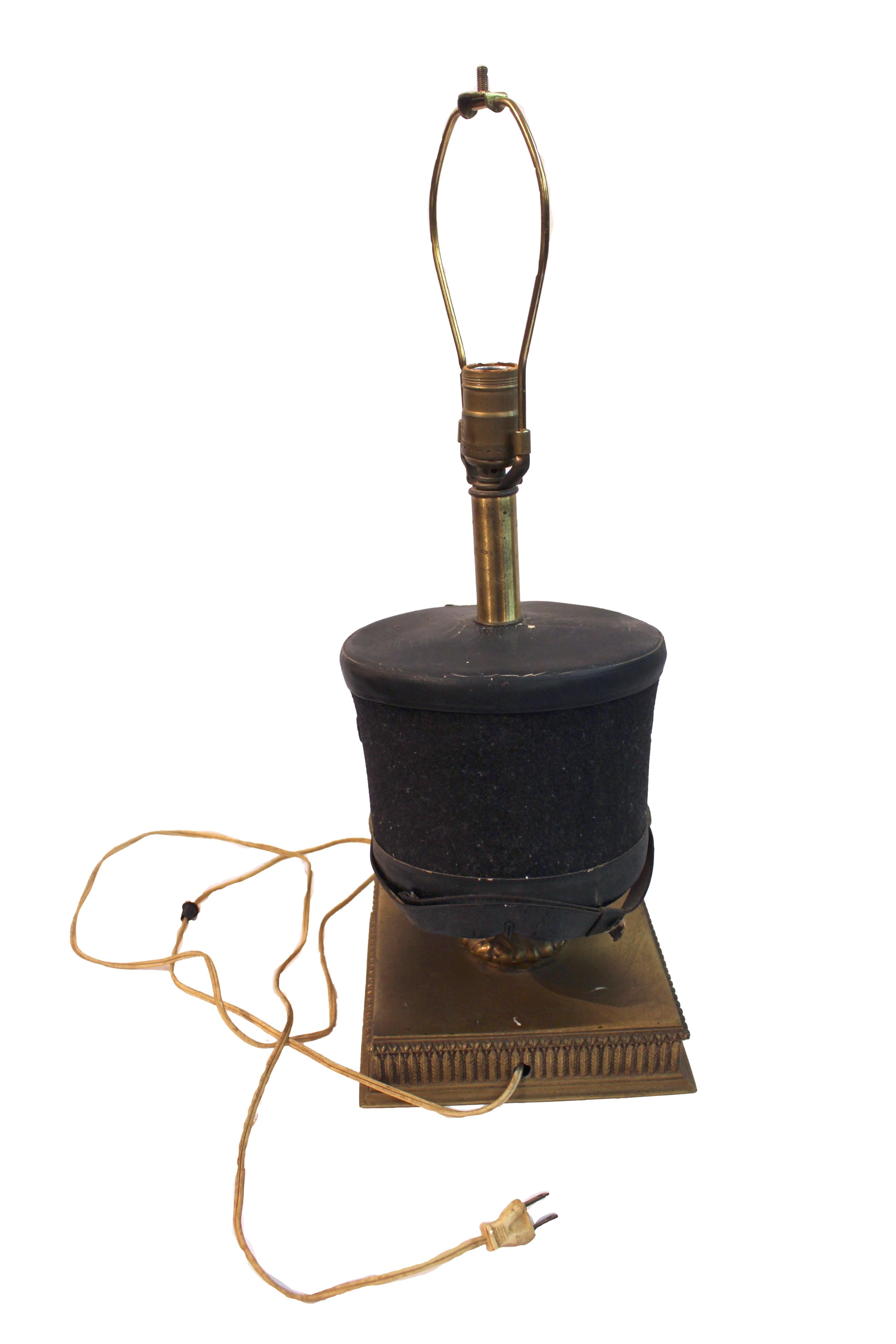 Mid-20th century West Point Cadet Hat Mounted as a Lamp. West Point Shako Tar Bucket Hat from a 1953 West Point Graduate. Cadet buttons on strap & all insignia present - lacking the plume. Labels: 
