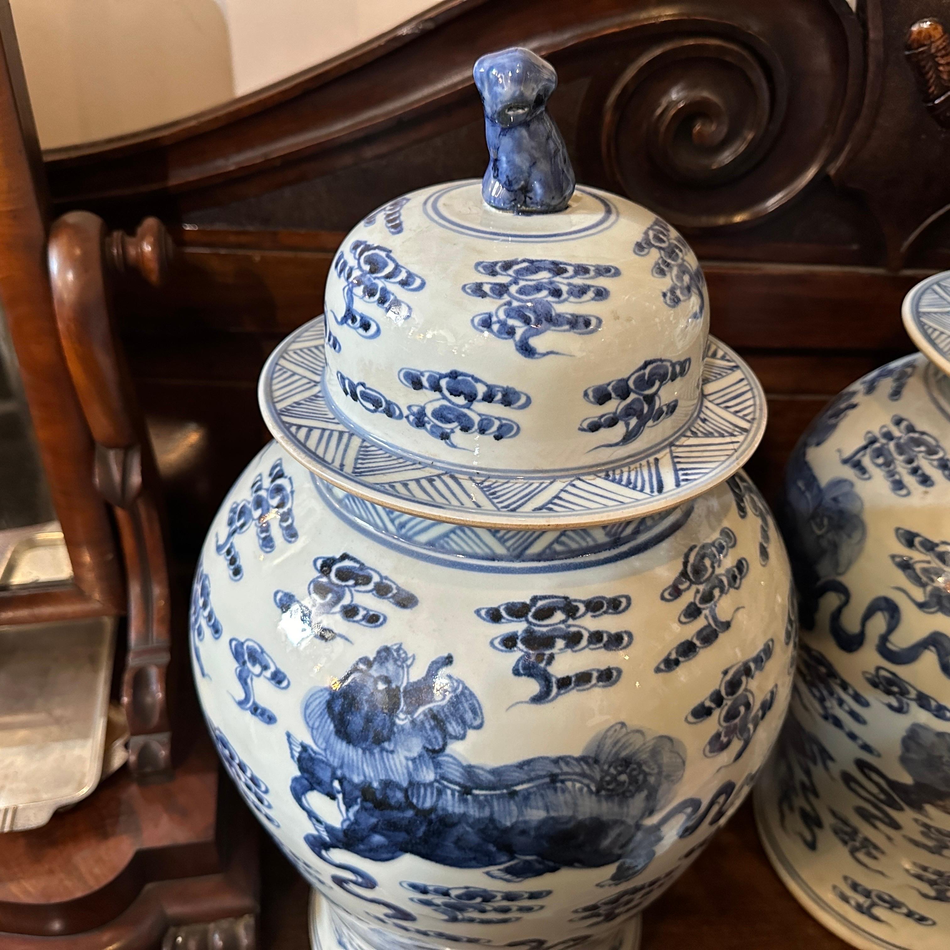 Chinese Export Mid-20th Century White and Blue Ceramic Chinese Ginger Jars