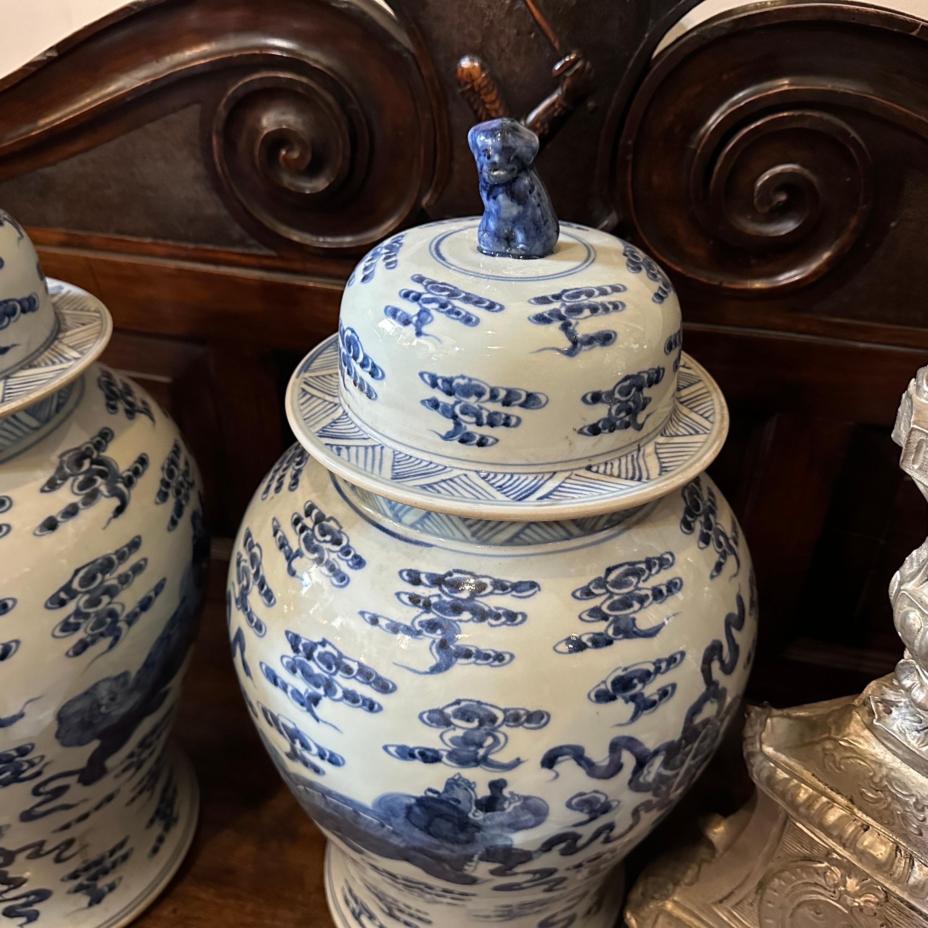 Hand-Crafted Mid-20th Century White and Blue Ceramic Chinese Ginger Jars