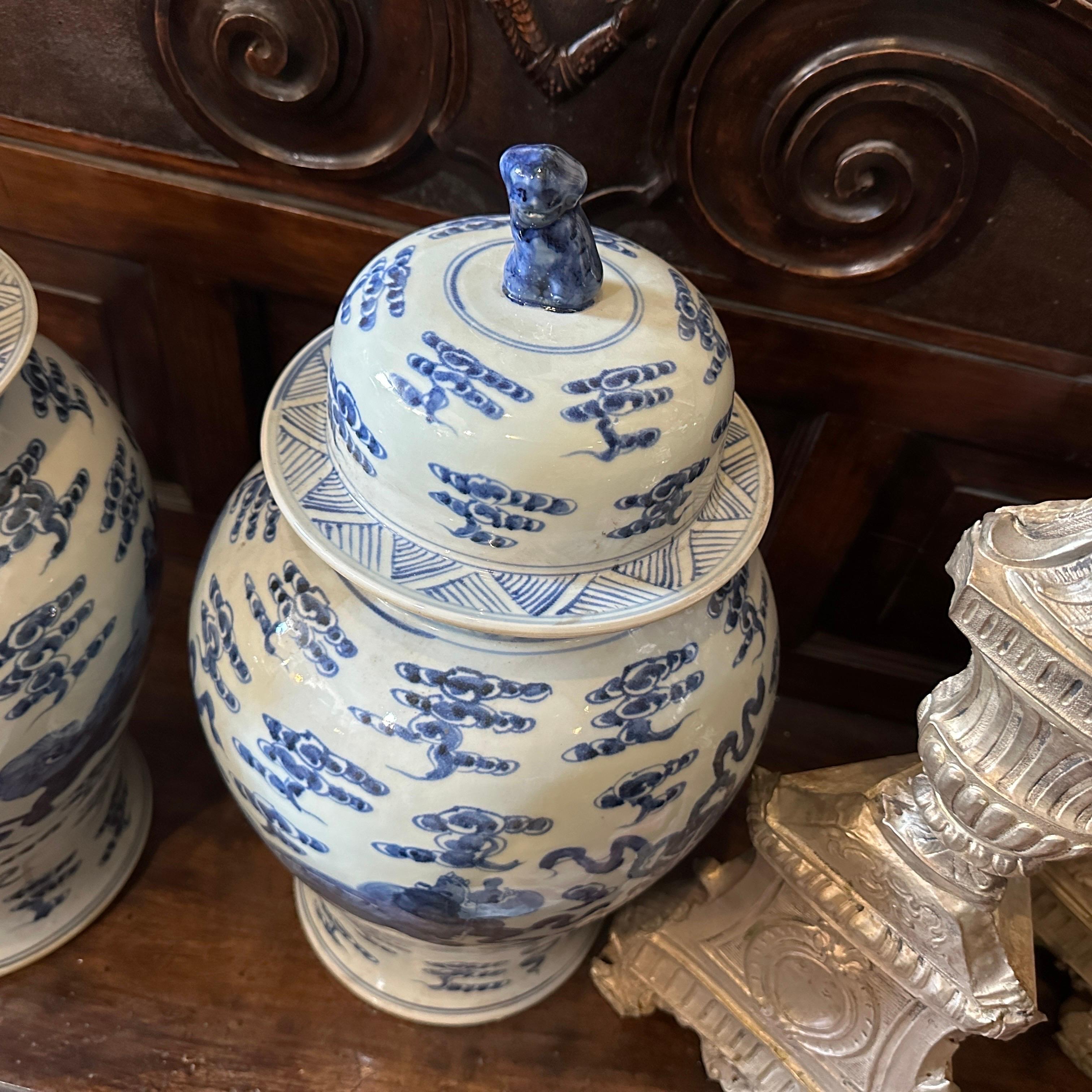 Mid-20th Century White and Blue Ceramic Chinese Ginger Jars 1