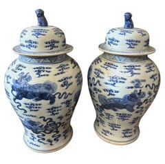 Vintage Mid-20th Century White and Blue Ceramic Chinese Ginger Jars