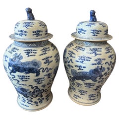 Vintage Mid-20th Century White and Blue Ceramic Chinese Ginger Jars