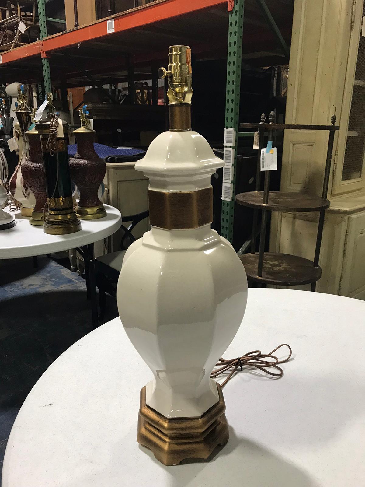 Mid-20th Century White Ceramic Lamp with Custom Gilded Base In Good Condition In Atlanta, GA