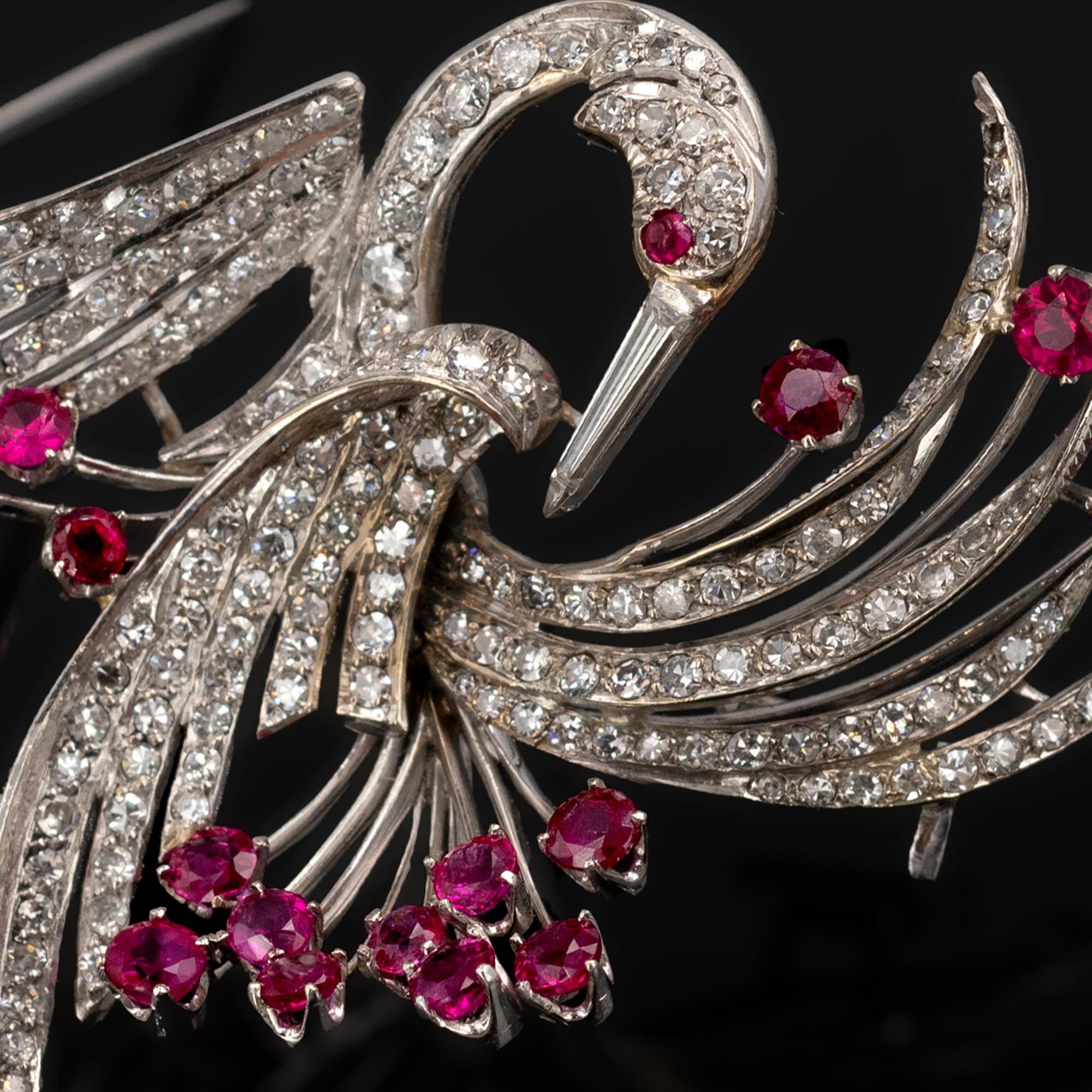 Art Deco Mid-20th Century White Gold Bird Brooch with Pavé Diamonds and Ruby Accents For Sale