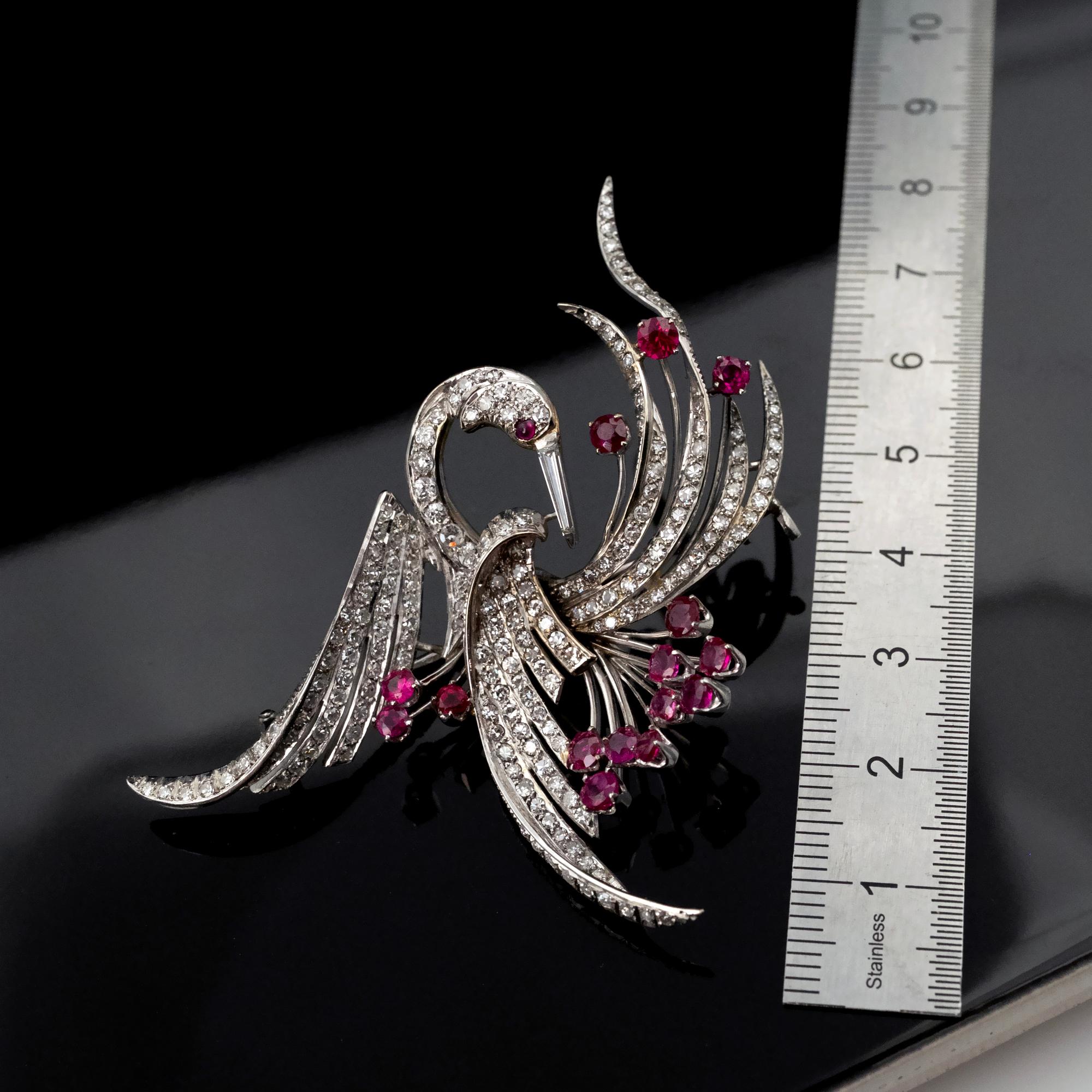 Round Cut Mid-20th Century White Gold Bird Brooch with Pavé Diamonds and Ruby Accents For Sale