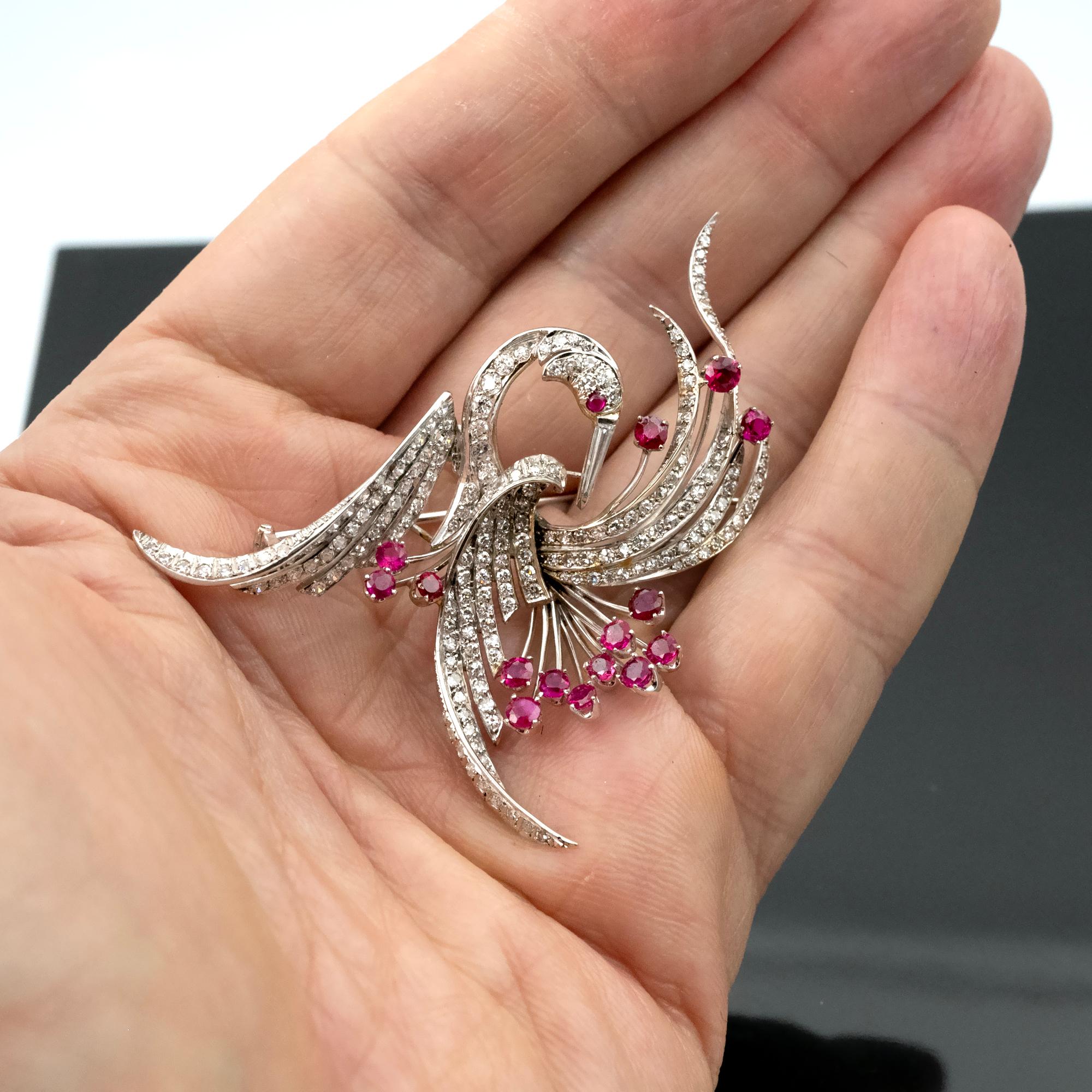 Women's Mid-20th Century White Gold Bird Brooch with Pavé Diamonds and Ruby Accents For Sale