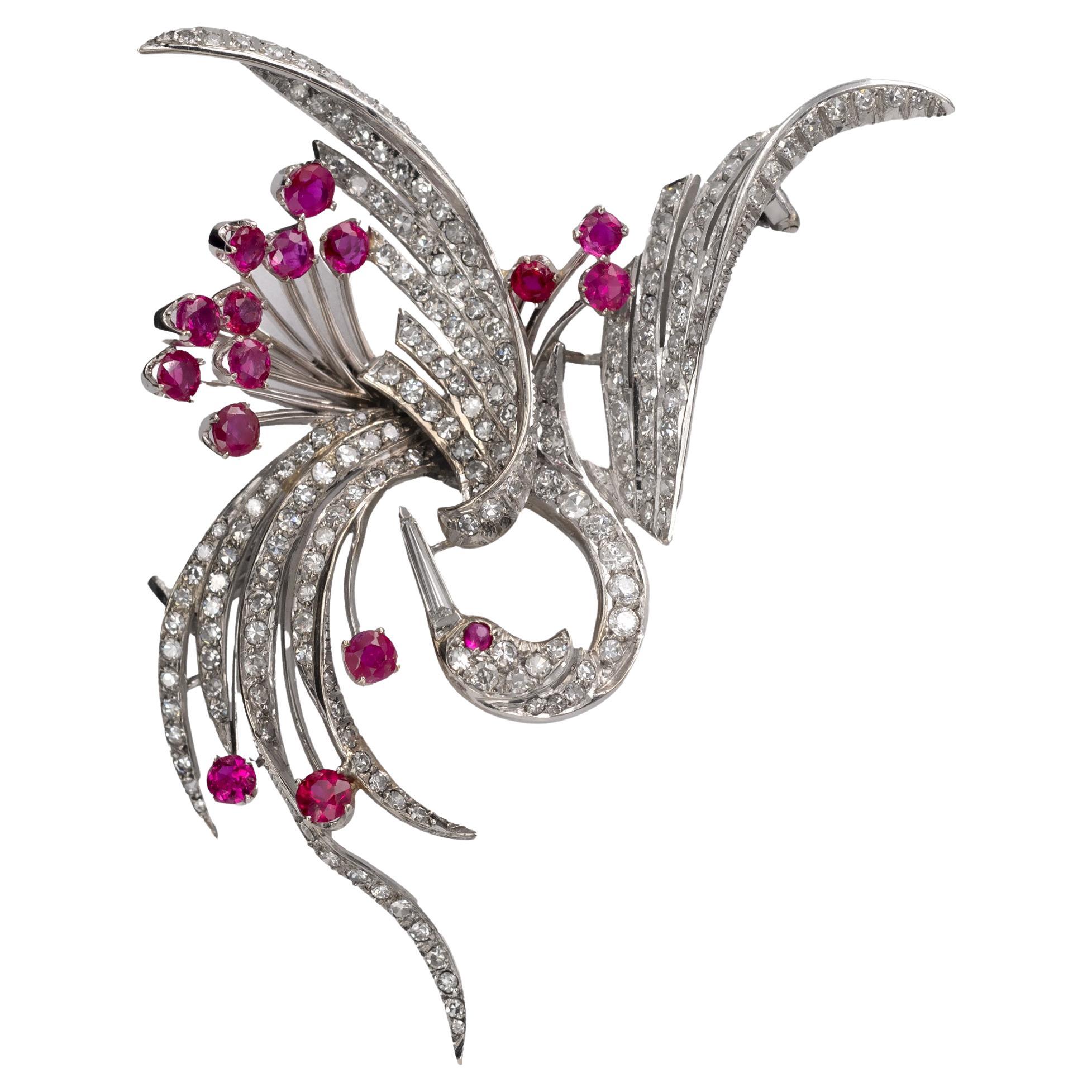 Mid-20th Century White Gold Bird Brooch with Pavé Diamonds and Ruby Accents