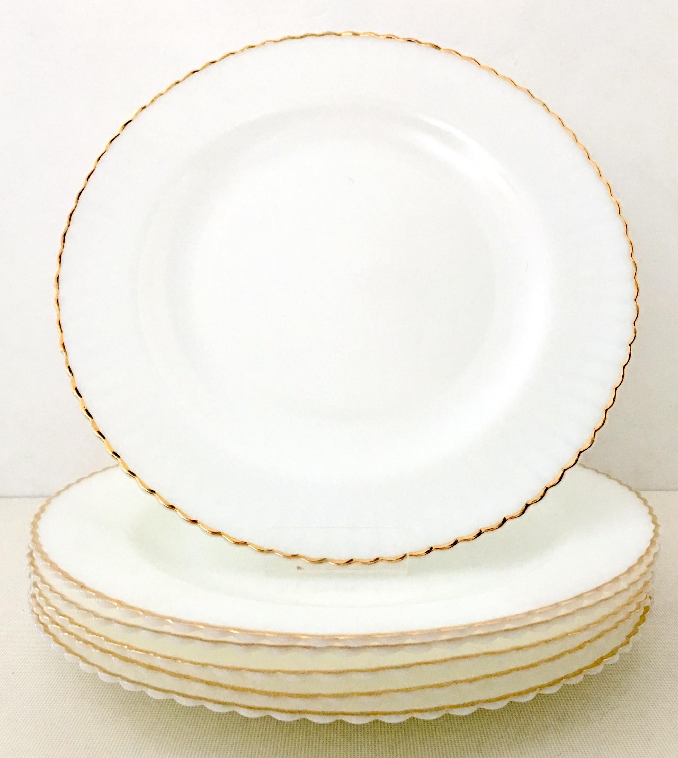 Vintage White Opalescent scallop ribbed and 22-karat gold edge dinner plates S/6.