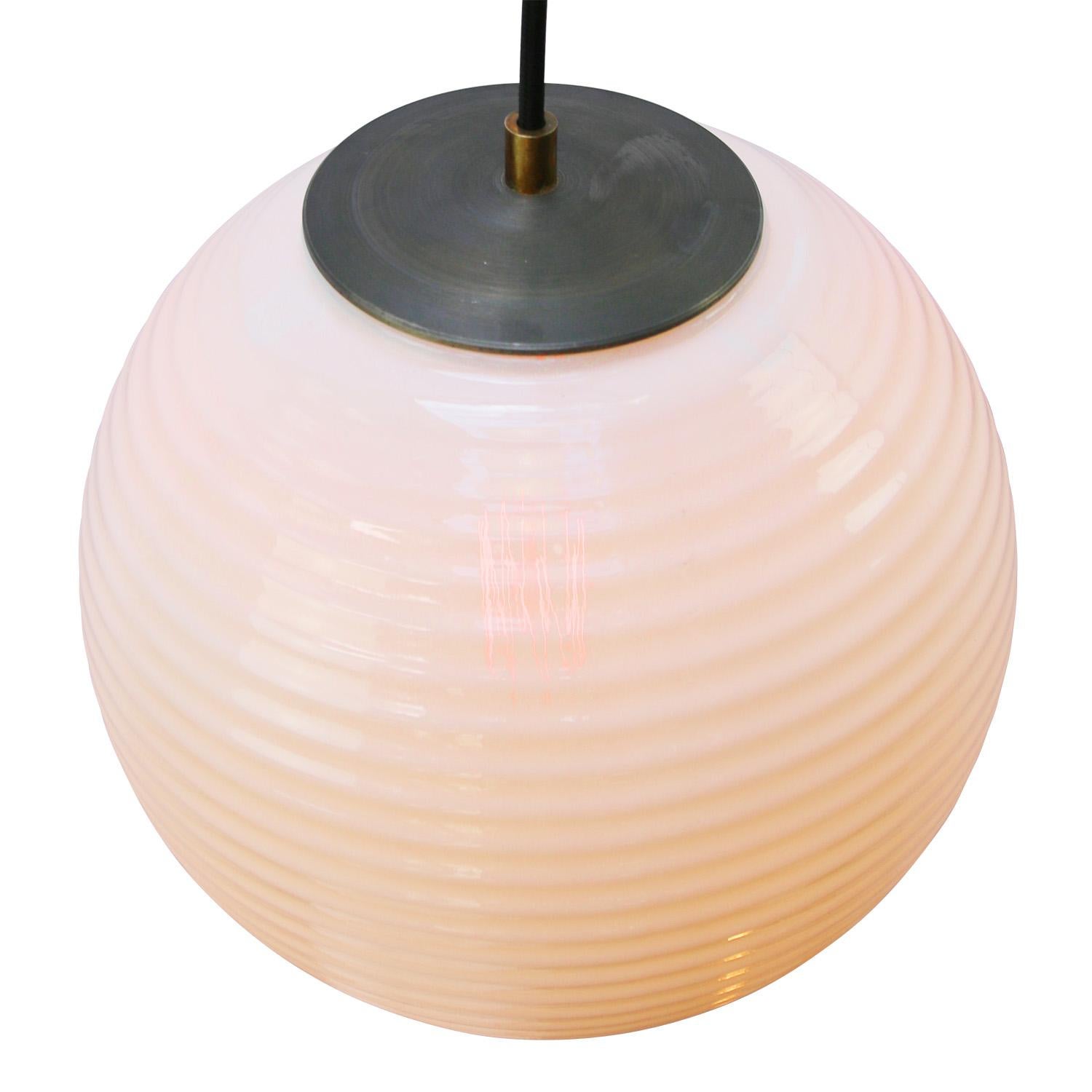 Opaline glass pendant.
2 meter Black wire

Weight: 2.00 kg / 4.4 lb

Priced per individual item. All lamps have been made suitable by international standards for incandescent light bulbs, energy-efficient and LED bulbs. E26/E27 bulb holders and