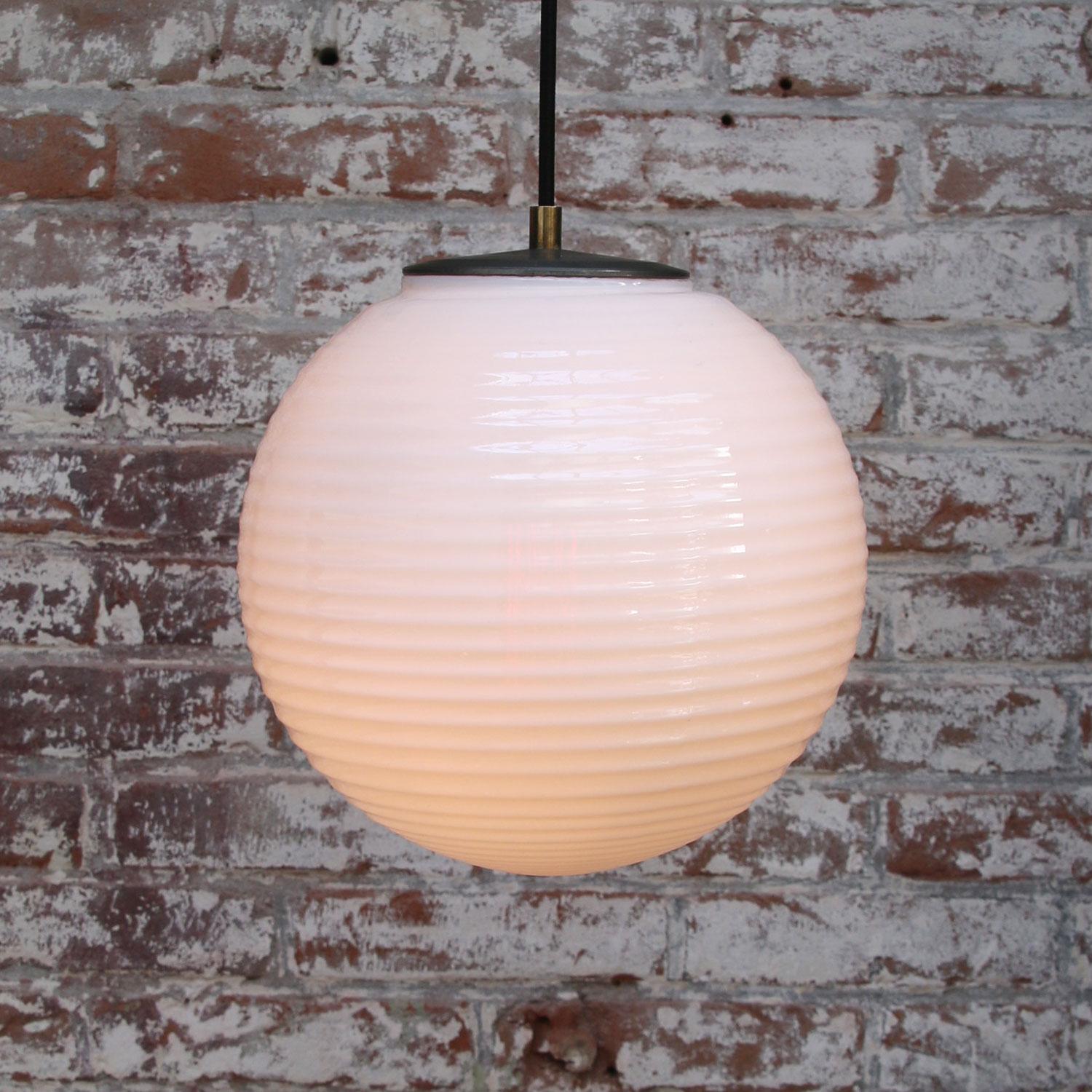 Mid-20th Century White Opaline Glass Iron Top Pendant Light In Good Condition For Sale In Amsterdam, NL
