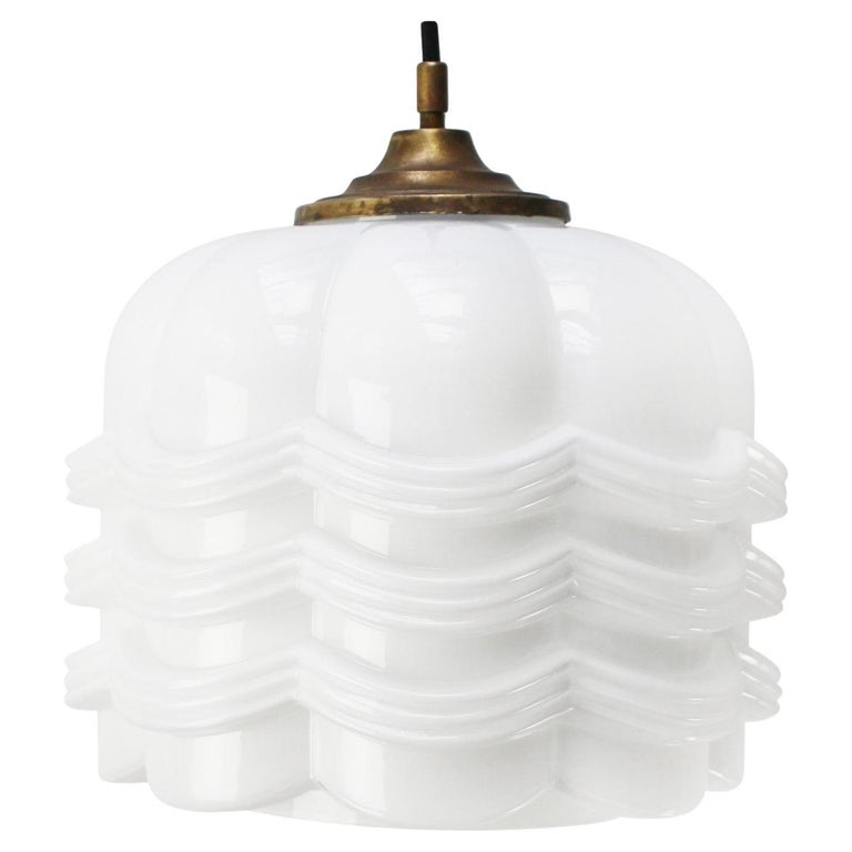 Mid-20th Century White Opaline Glass Pendant Light with Brass Top