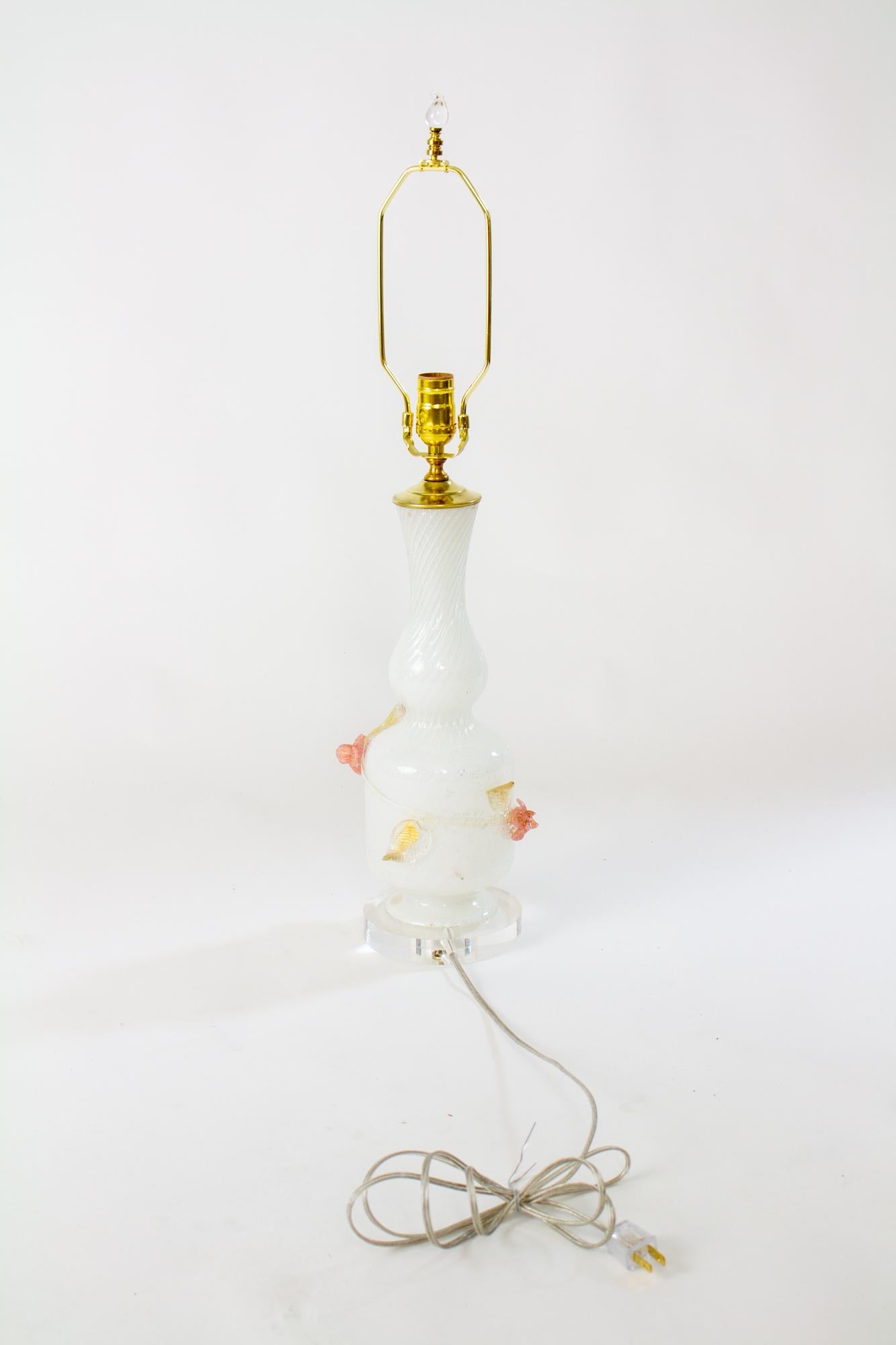 Hollywood Regency Mid 20th Century White Pulegoso Murano Glass Lamp with Applied Roses For Sale