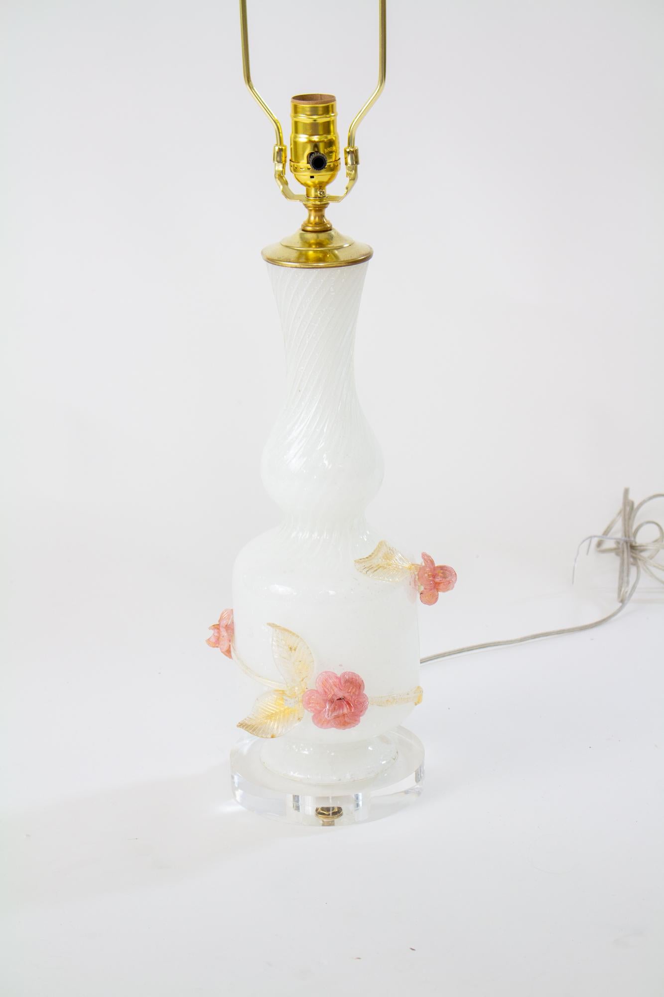Italian Mid 20th Century White Pulegoso Murano Glass Lamp with Applied Roses For Sale