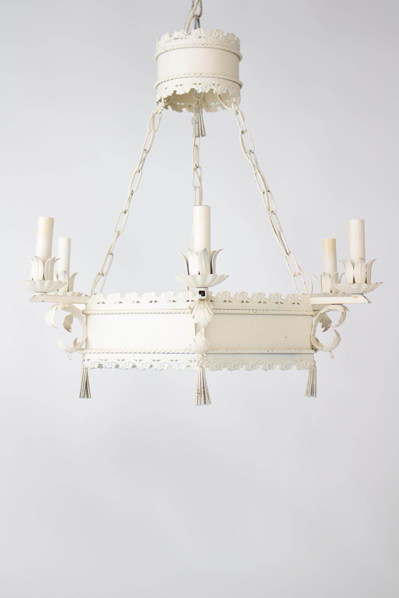 Hollywood Regency Mid 20th Century White Tole Chandelier