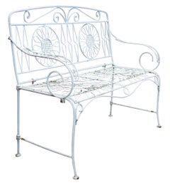 Mid 20th Century White Wrought Iron Flower Back Patio Settee Garden Bench Seat