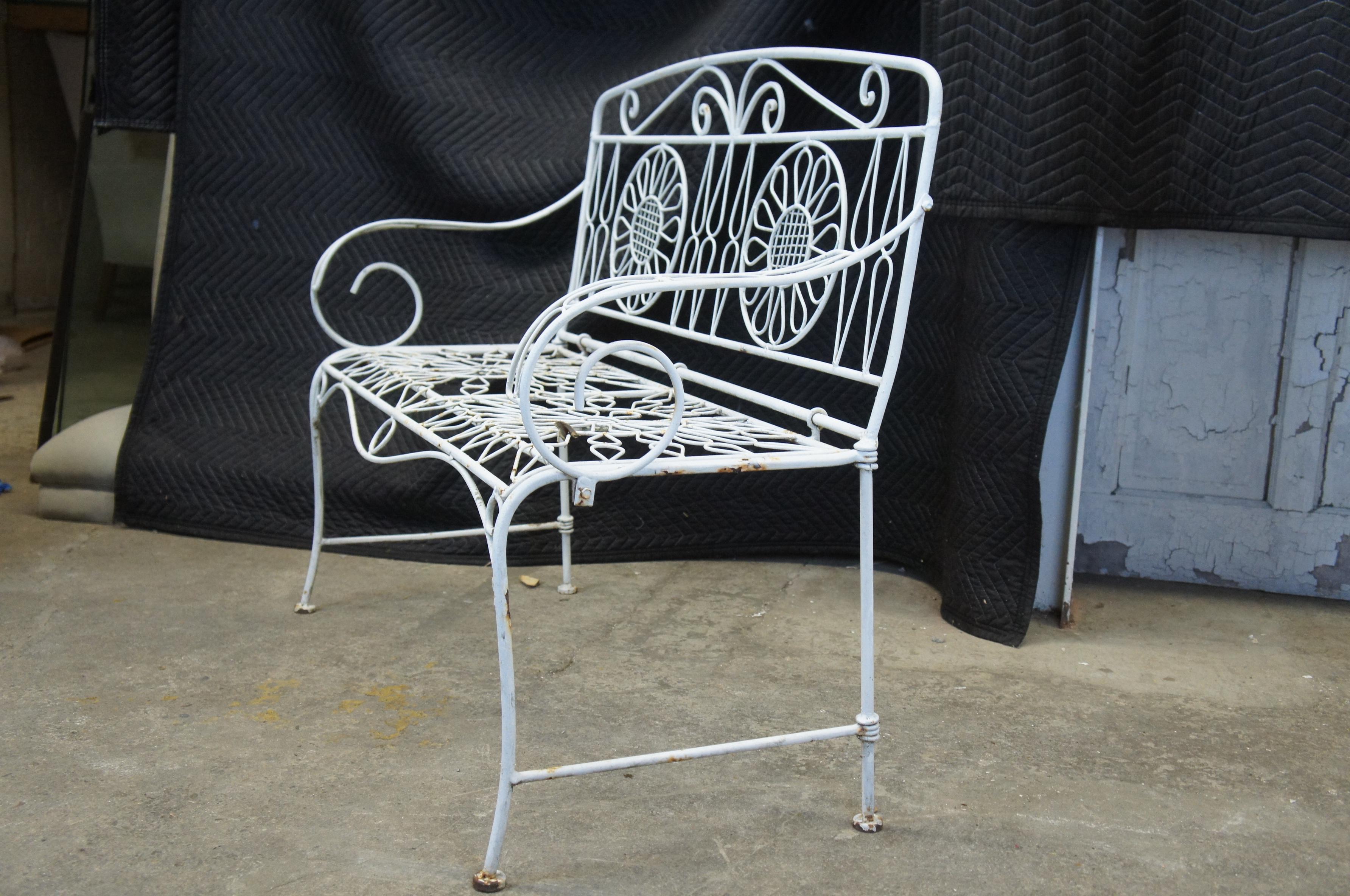 French Provincial Mid 20th Century White Wrought Iron Flower Back Patio Settee Garden Bench Seat