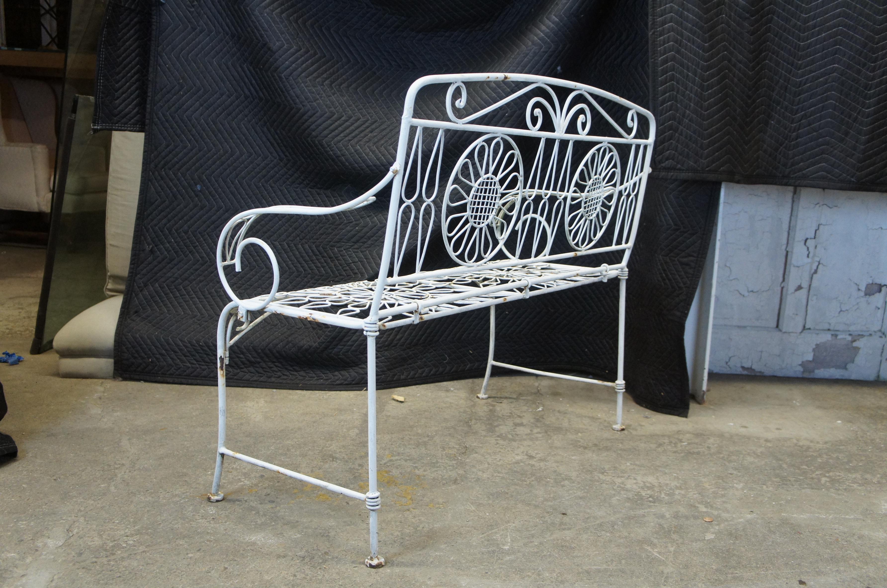 Enameled Mid 20th Century White Wrought Iron Flower Back Patio Settee Garden Bench Seat