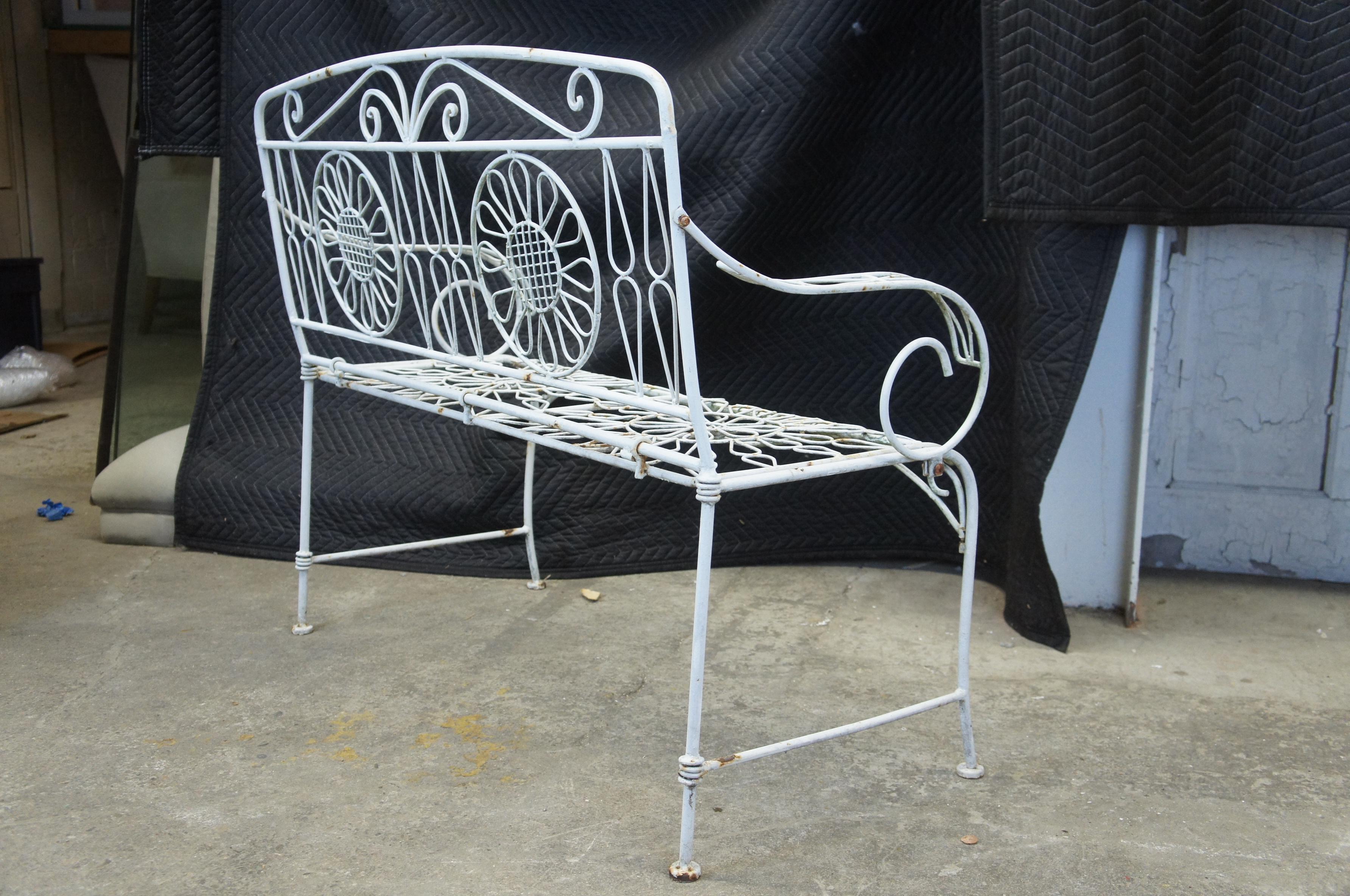 Mid 20th Century White Wrought Iron Flower Back Patio Settee Garden Bench Seat 1
