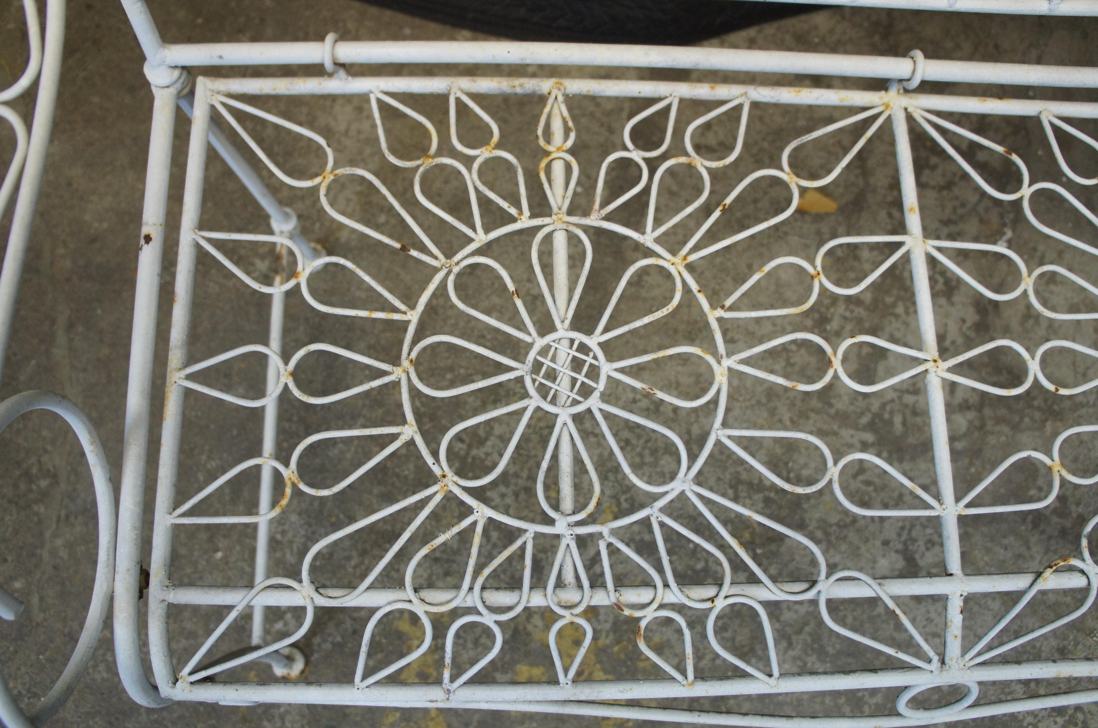Mid 20th Century White Wrought Iron Flower Back Patio Settee Garden Bench Seat 3
