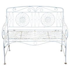 Mid 20th Century White Wrought Iron Flower Back Patio Settee Garden Bench Seat