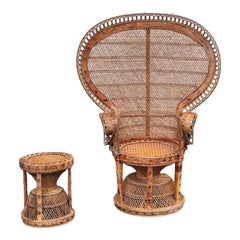 Mid 20th Century Wicker Rattan Peacock Fan Back Lounge Chair With Ottoman