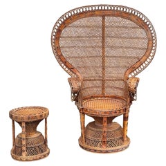 Mid 20th Century Wicker Rattan Peacock Fan Back Lounge Chair With Ottoman