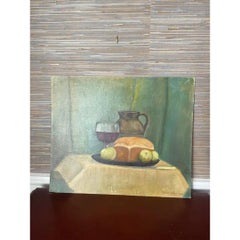 Mid 20th Century "Wine, Bread, and Fruit” Realist Still Life Original Signed Oil