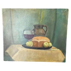 Vintage Mid 20th Century "Wine, Bread, and Fruit” Realist Still Life Original Signed Oil