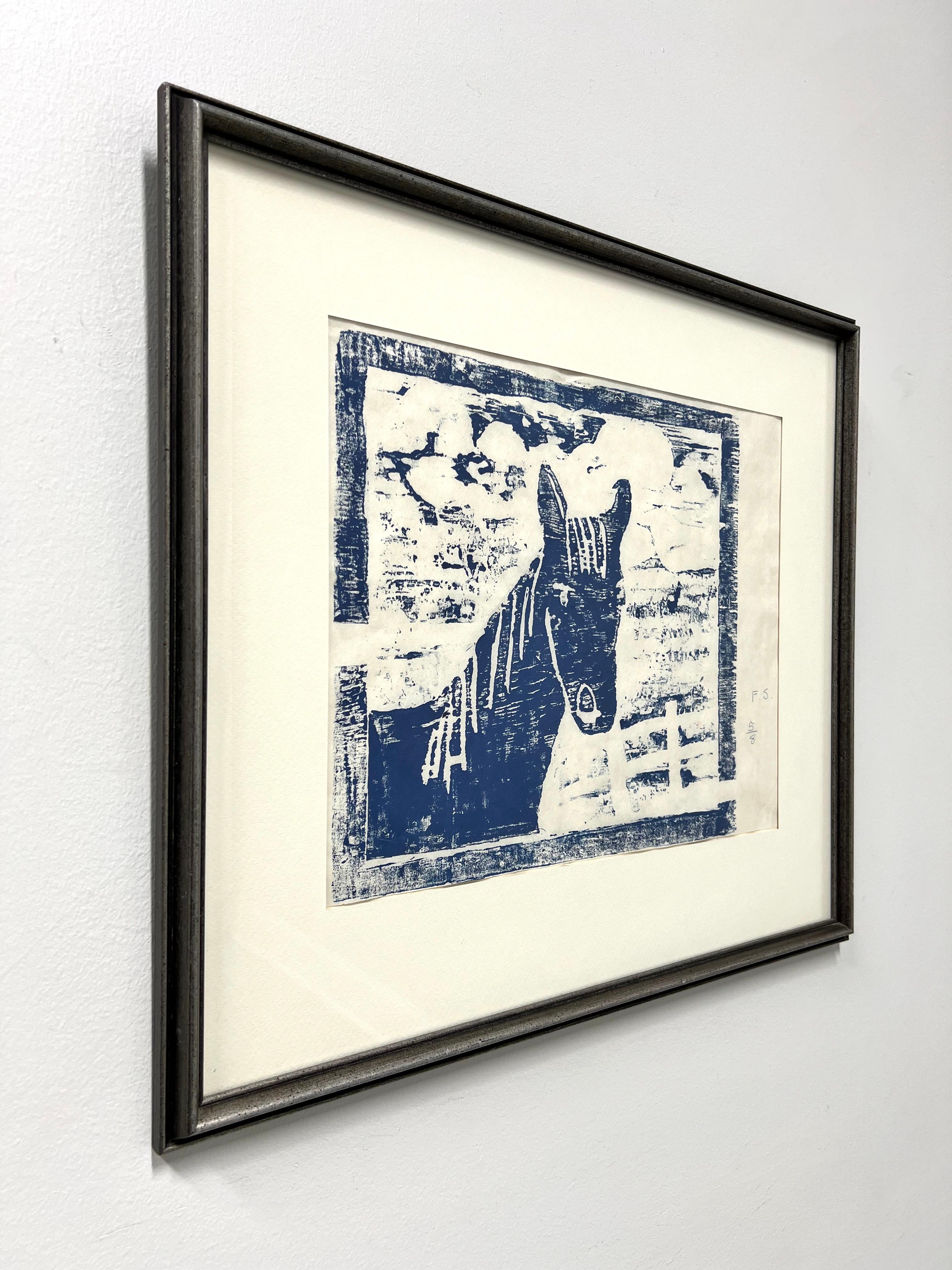 Holzblockdruck „Blaues Pferd“ von Fran Stewman aus der Mitte des 20. Jahrhunderts im Angebot 5