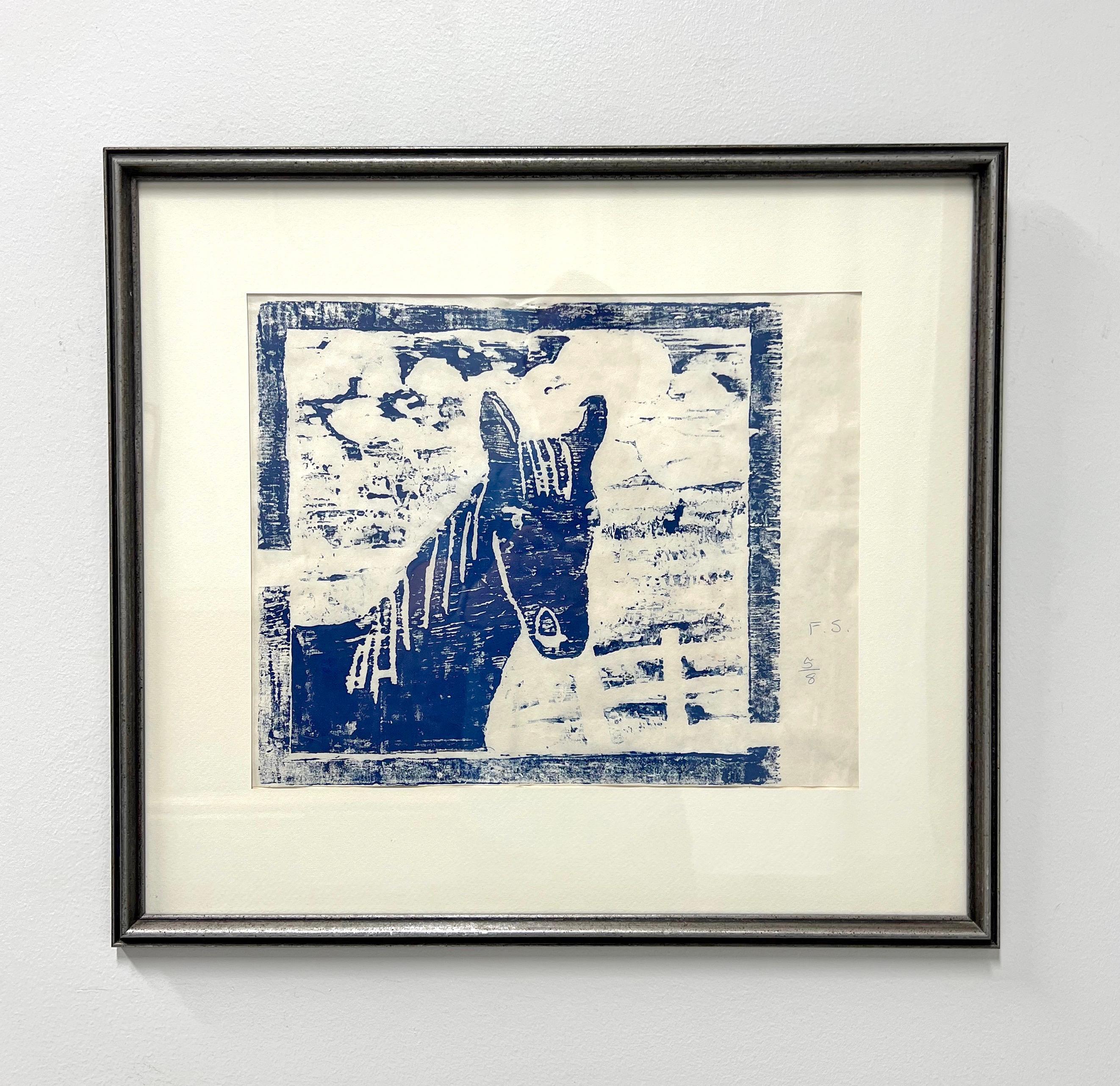 An original wood block print on paper, from the Mid 20th Century. Untitled, (Blue Horse). Signed 