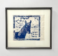 Grabado en bloque de madera de mediados del siglo XX "Caballo azul" de Fran Stewman