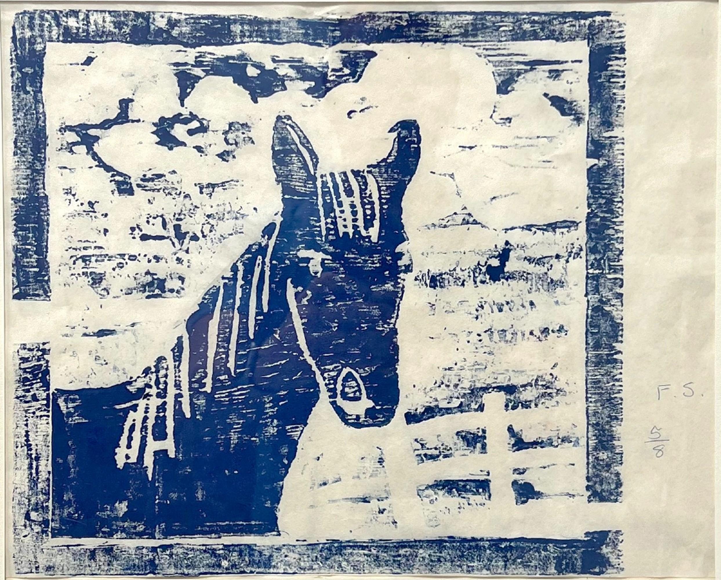 Holzblockdruck „Blaues Pferd“ von Fran Stewman aus der Mitte des 20. Jahrhunderts (Sonstiges) im Angebot