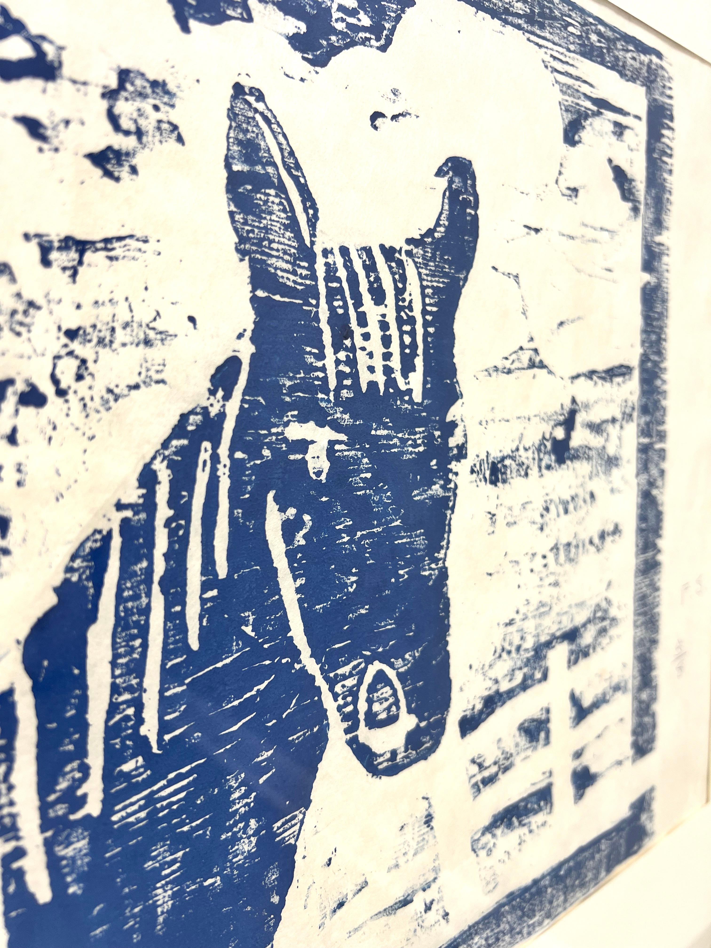 Holzblockdruck „Blaues Pferd“ von Fran Stewman aus der Mitte des 20. Jahrhunderts (amerikanisch) im Angebot