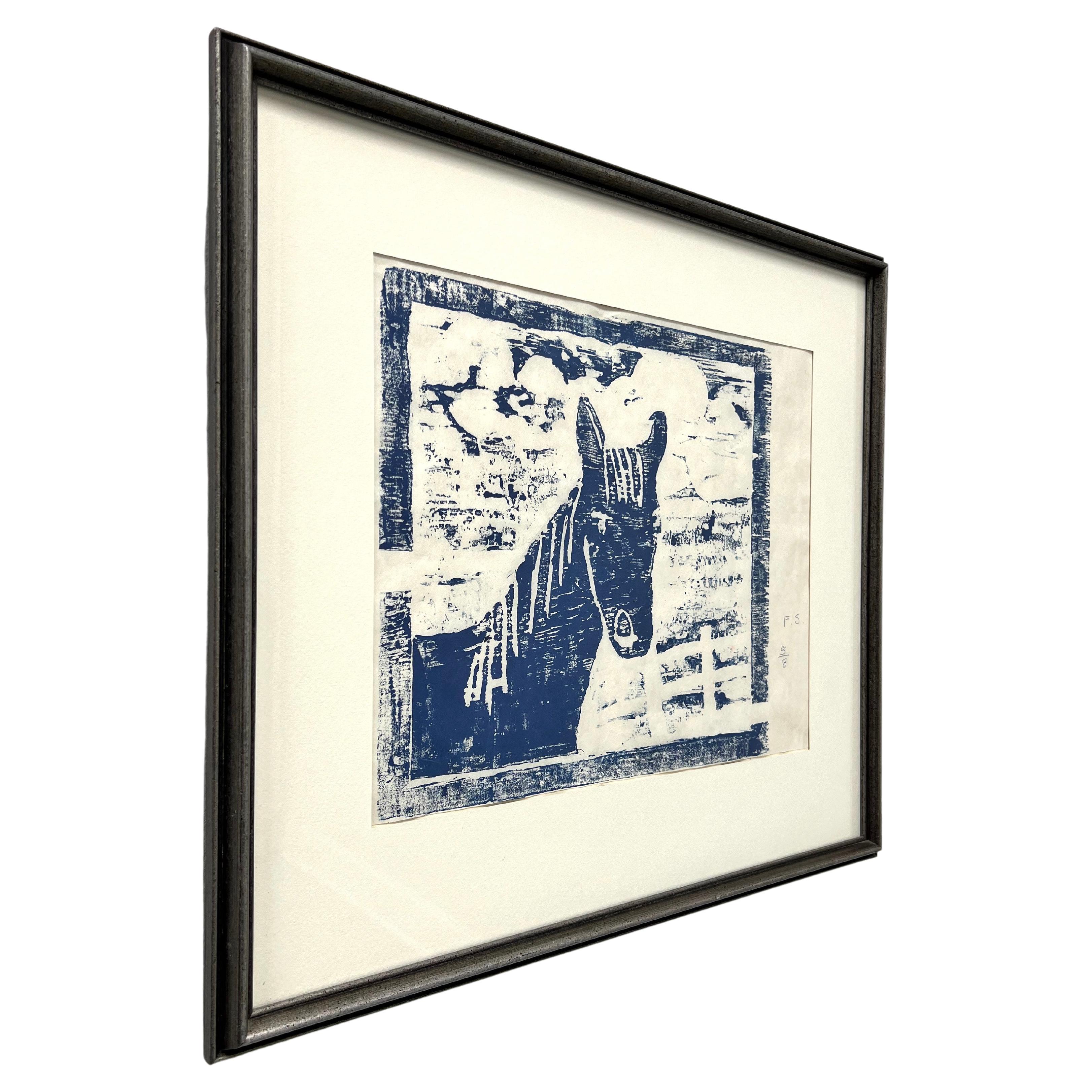 Holzblockdruck „Blaues Pferd“ von Fran Stewman aus der Mitte des 20. Jahrhunderts