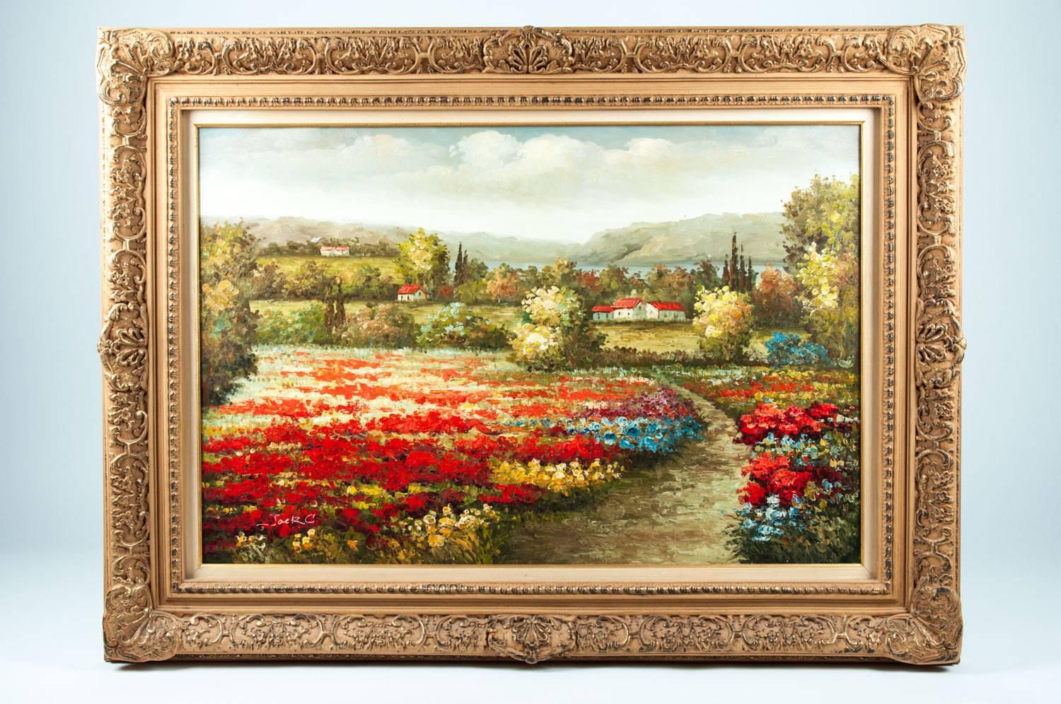 Mid-20th century wood framed oil painting. The painting is in excellent condition, signed on the lower left corner by the artist. The painting measure about 35.5 inches x 23.5 inches. The ornately hand-carved frame measure about 46 inches x 35