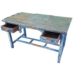 Vintage Mid-20th Century Wooden Blue Patina Table/Desk with 2 Wide Drawers, 1950